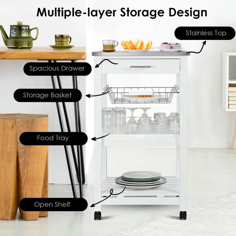 Topcobe Kitchen Island Cart with Stainless Steel Tabletop and Basket, Portable Kitchen Island, Kitchen Carts on Wheels, White