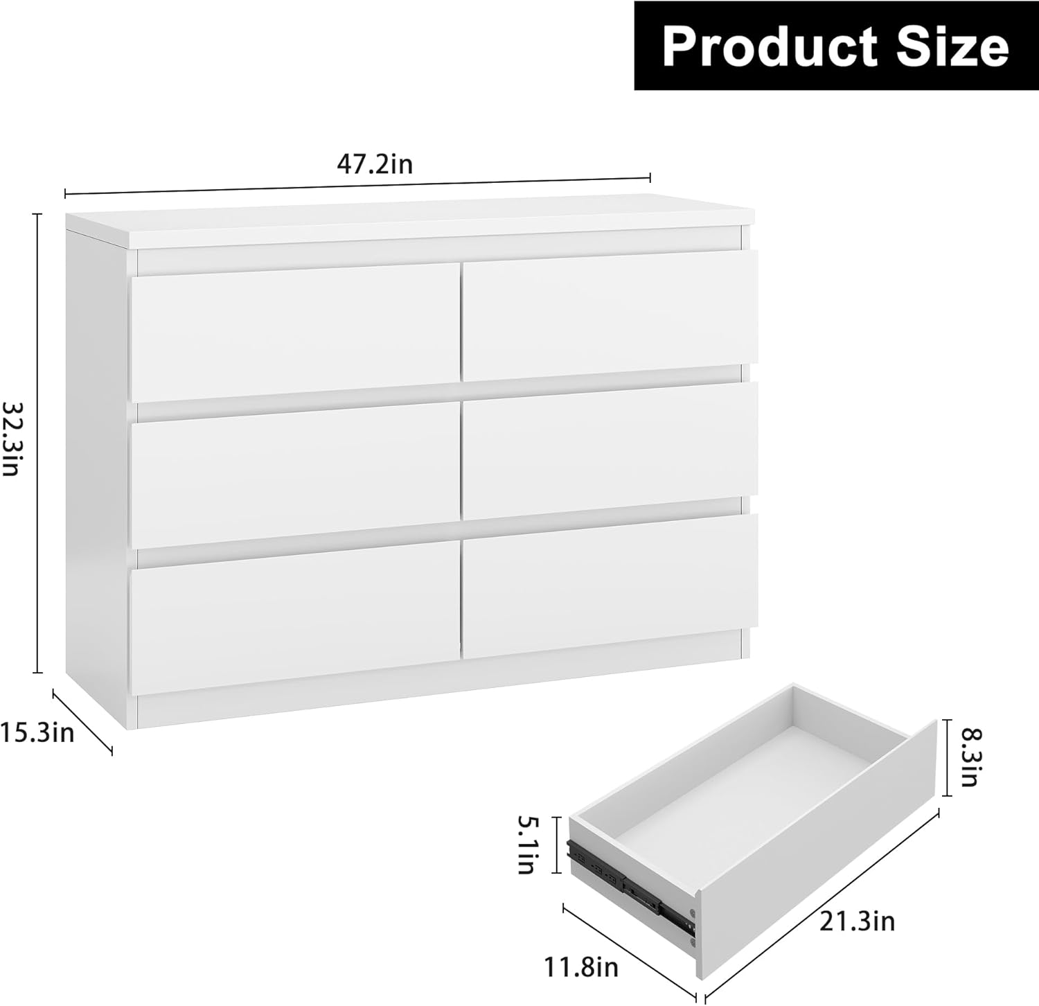 Jocoevol White 6 Drawer Dresser for Bedroom, 15.3