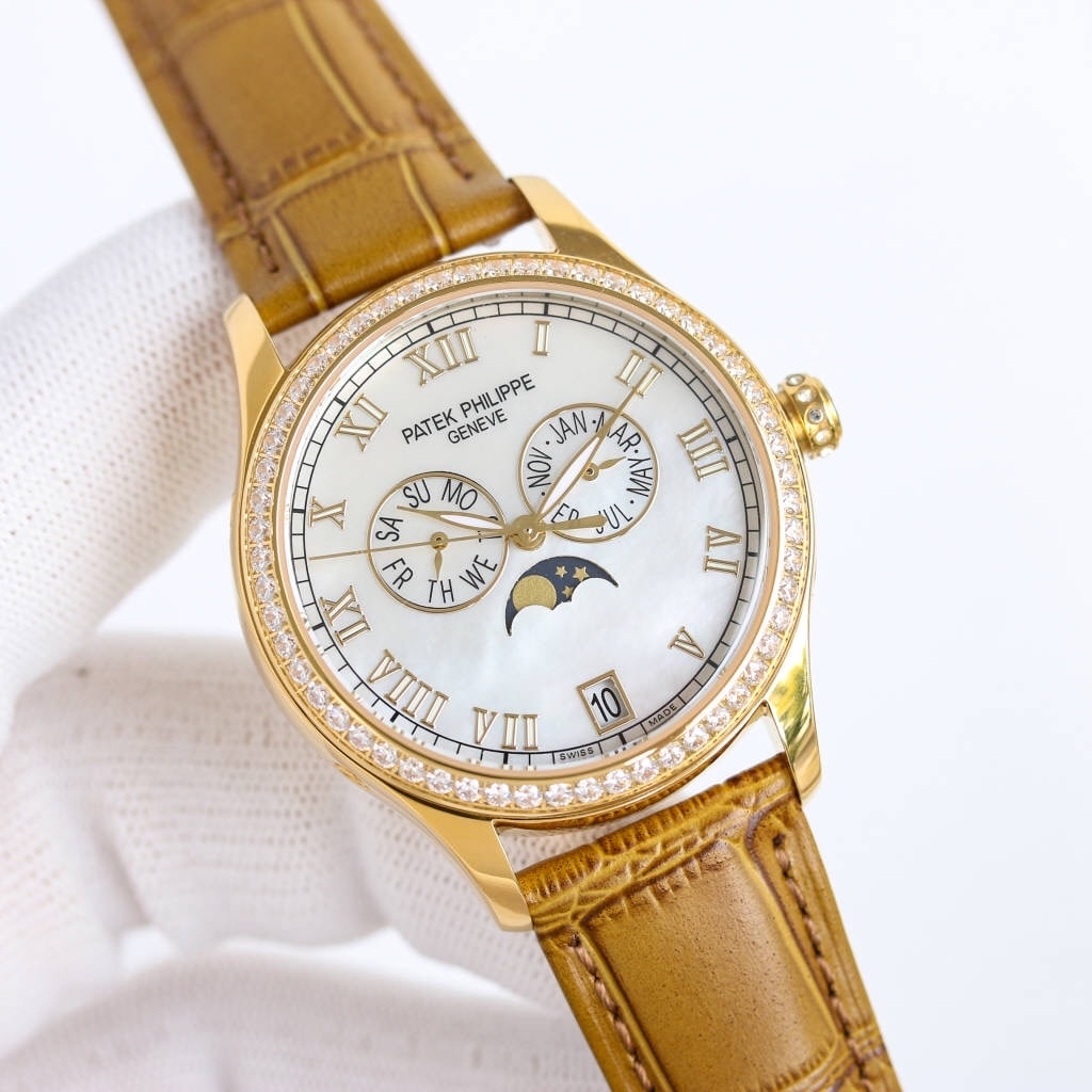 Fake diamond Watch Patek Philippe Replica 4936J-001 Complications Ladies Annual Calendar Moon Phase 37mm White Mother of Pearl Roman Diamond Bezel Yellow Gold Leather Date(1:1 replica) - Top club