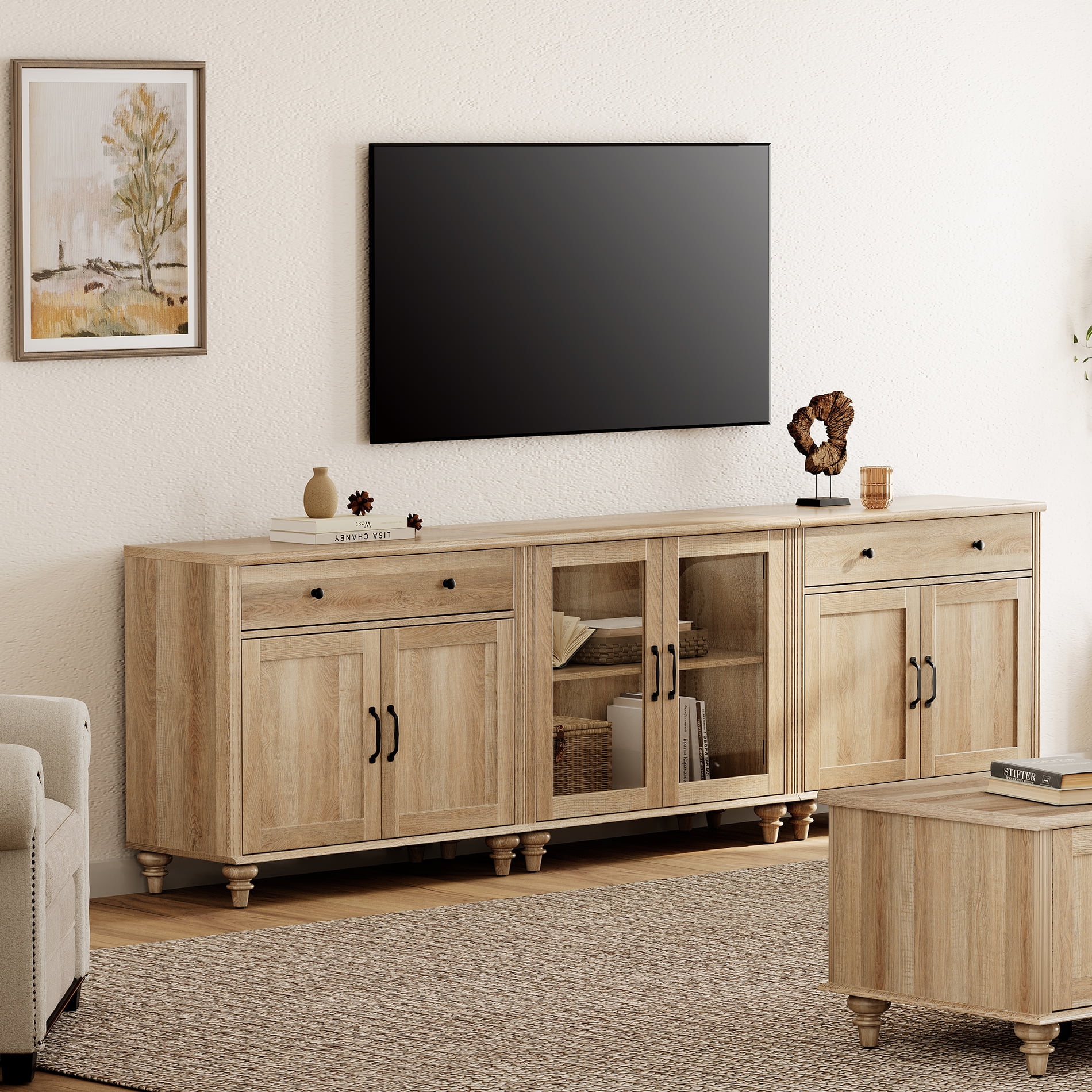TV Stand for 100 Inch TV, 3-in-1 TV Console Table for 75/80/85/90 Inch TV, Farmhouse Entertainment Center with Glass & Wooden Door, Kitchen Sideboard Buffet Cabinet for Dining Room, Oak - Image 6