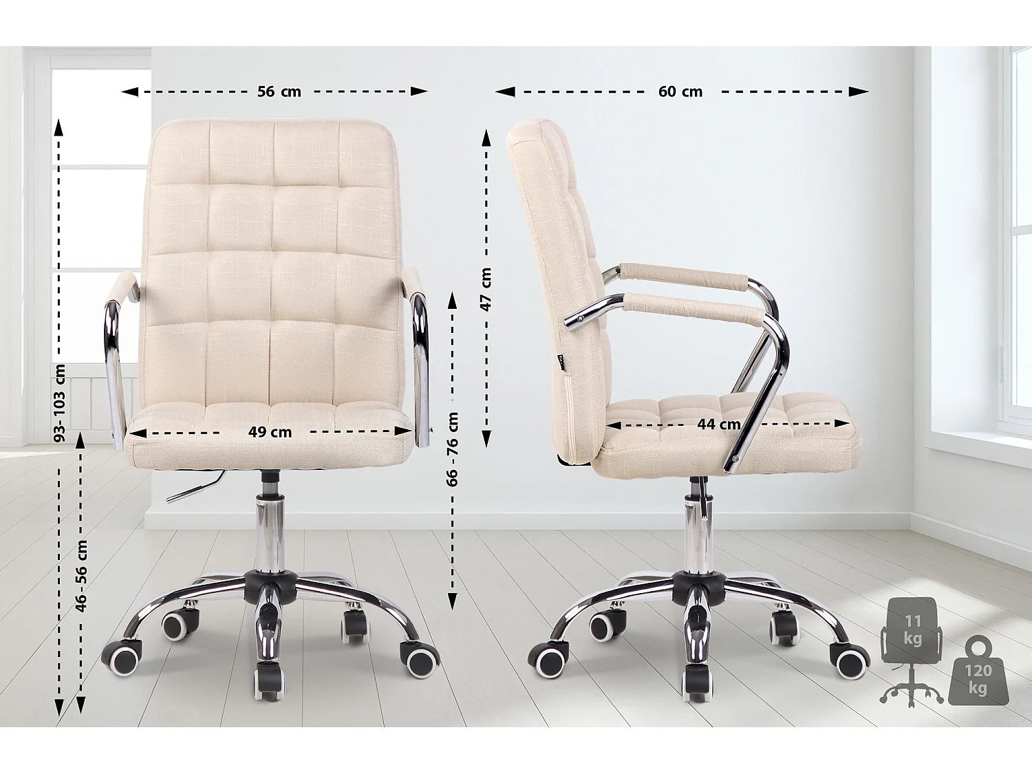 Chaise de bureau - Tissu & Métal chromé - Crème - Terni