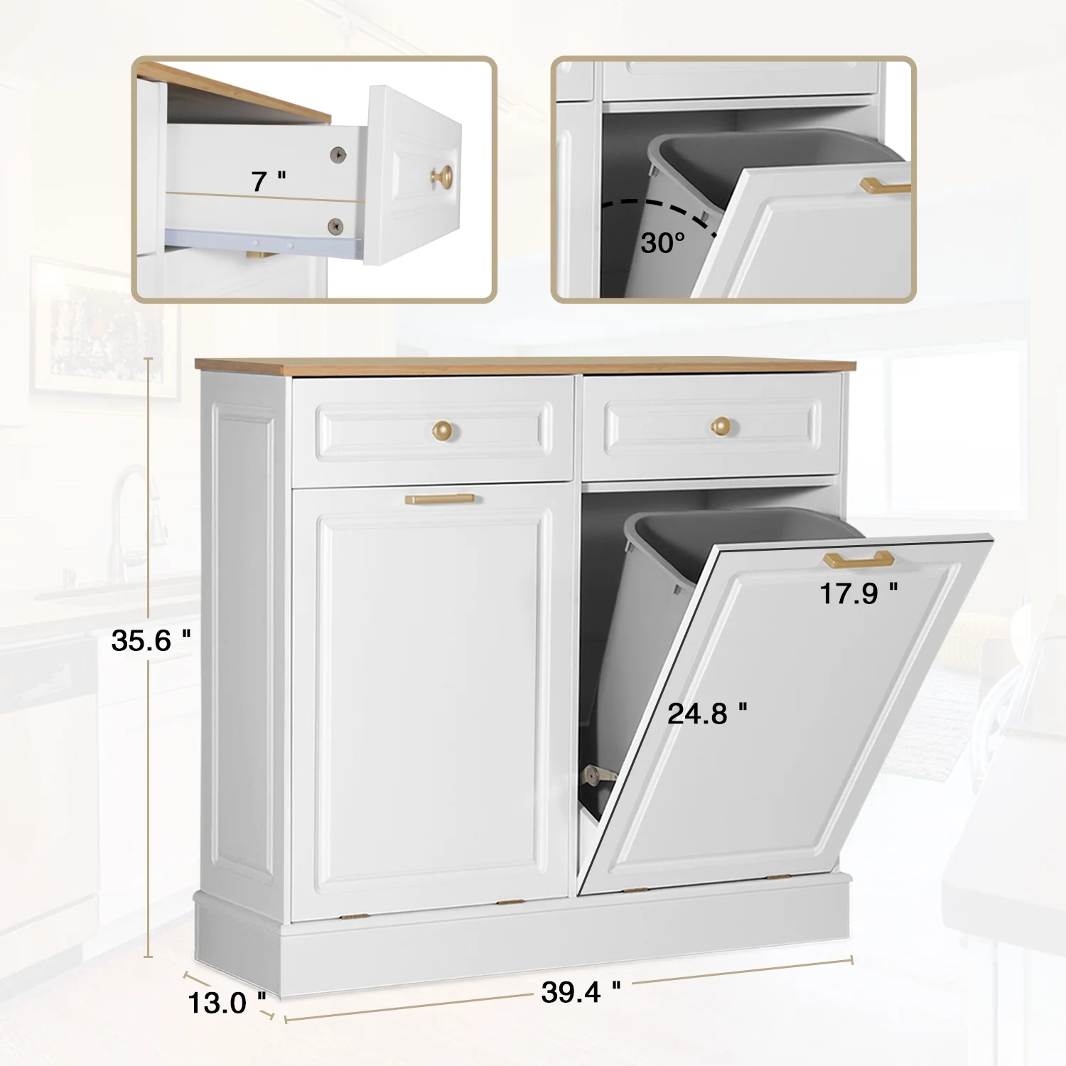 Eclife 20 Gallons Double Tilt Out Trash Cabinet Wood Tabletop, Upgrade Gray, WB010GY - Image 50