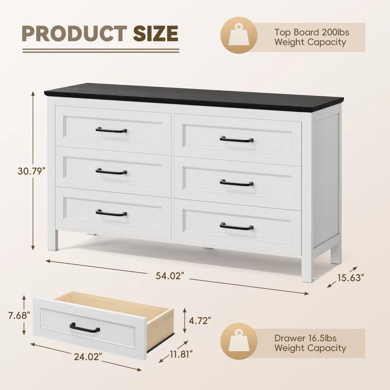Homall 6-Drawer Wood Dresser for Bedroom, Large Storage Cabinet with Anti-Tip Safety and Footstool-Integrated Design, Double Classified Storage Organizer Chest for Living Room,Black and Brown