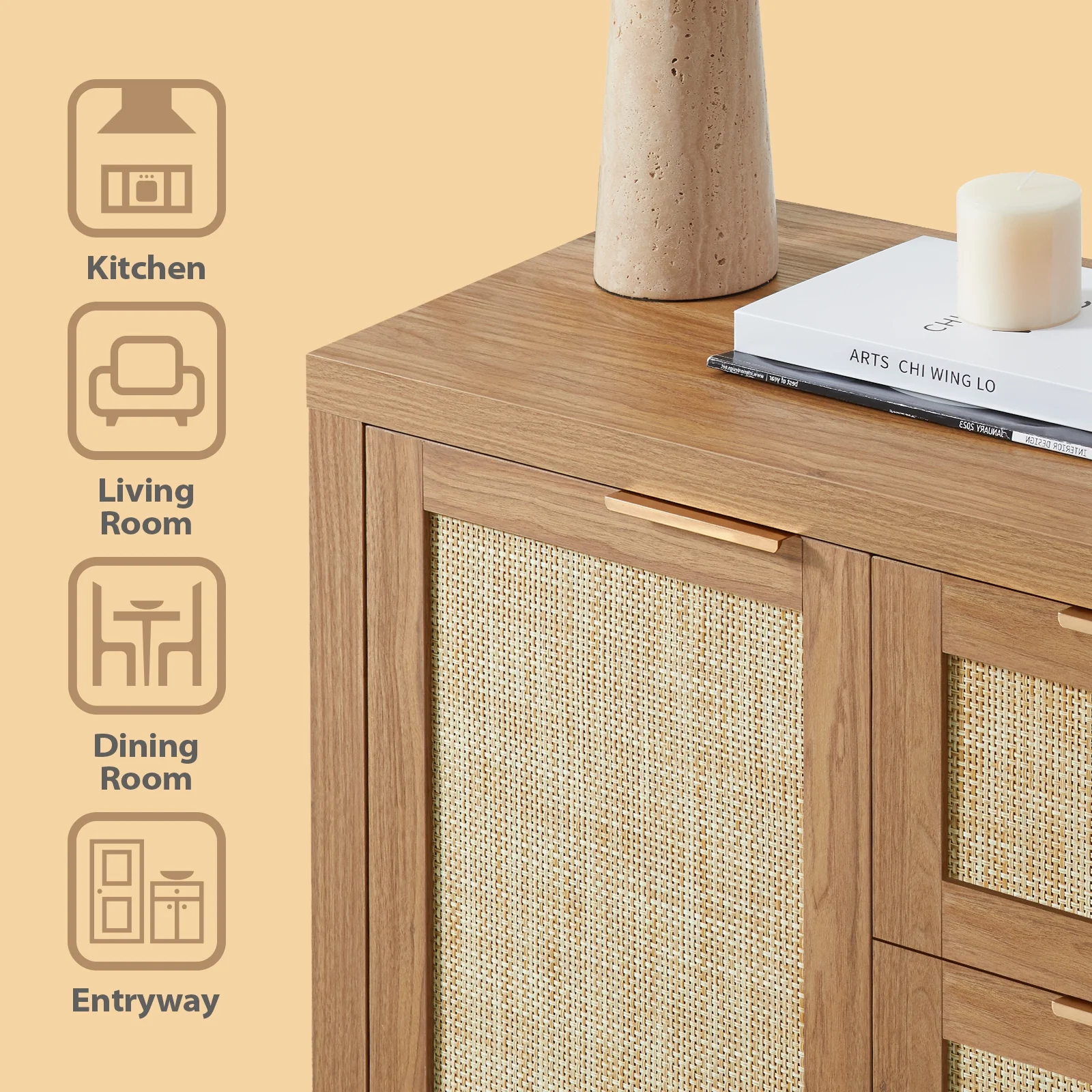 ARKANTOS Sideboards and Buffets, Boho Storage Cabinets with Rattan Doors and Drawers, Natural Oak - Image 4