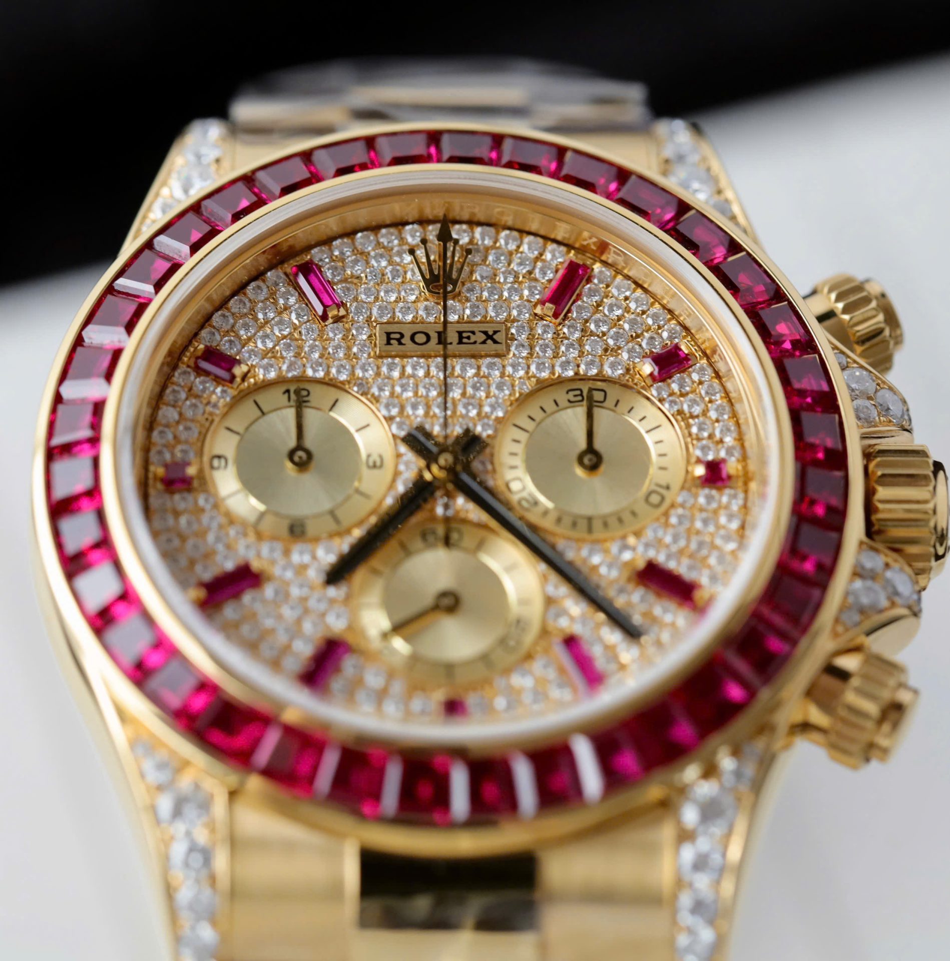 Rolex Daytona 126598TRU Replica Watches Custom Gold Wrapped + Ruby + Diamonds Moissanite 40mm - Elite Watch Atelier