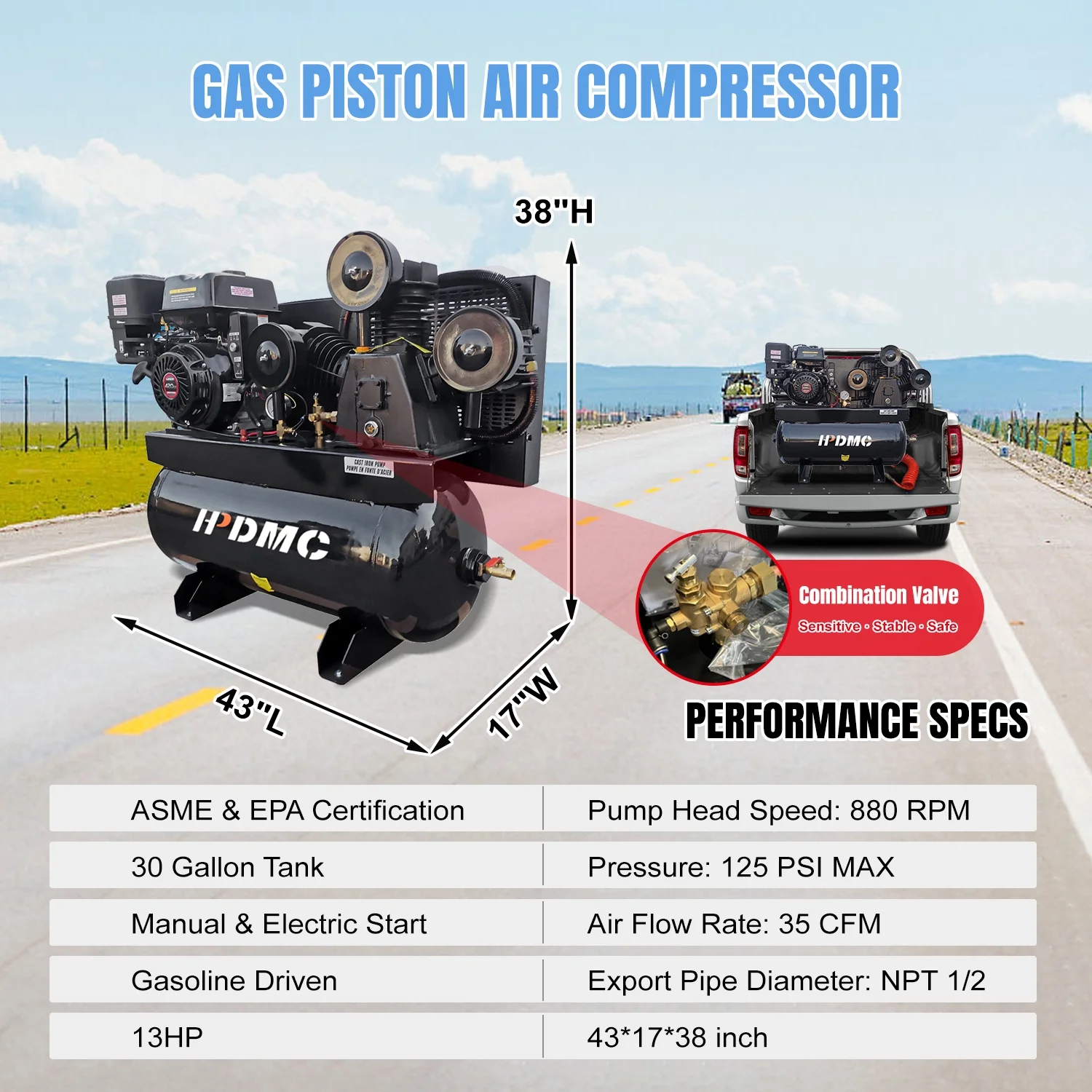 HPDMC 30 Gal Gas Powered Air Compressor 13HP 35CFM Electric Start Gas Driven Piston Pump Air Compressed System with 125PSI Max. Pressure and ASME Tank for Workshop, Machinery, Construction Sites