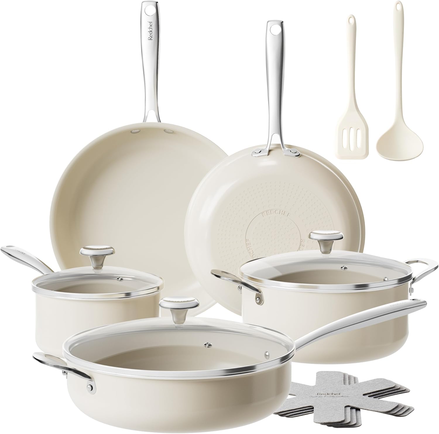Redchef Ceramic Nonstick Cookware Set,14pcs Pots and Pans Set Non Stick,Induction Cookware with Stainless Steel Handle,Non Toxic Kitchen Cooking Set,Dishwasher & Oven Safe,PFAS PFOA & PTFE Free