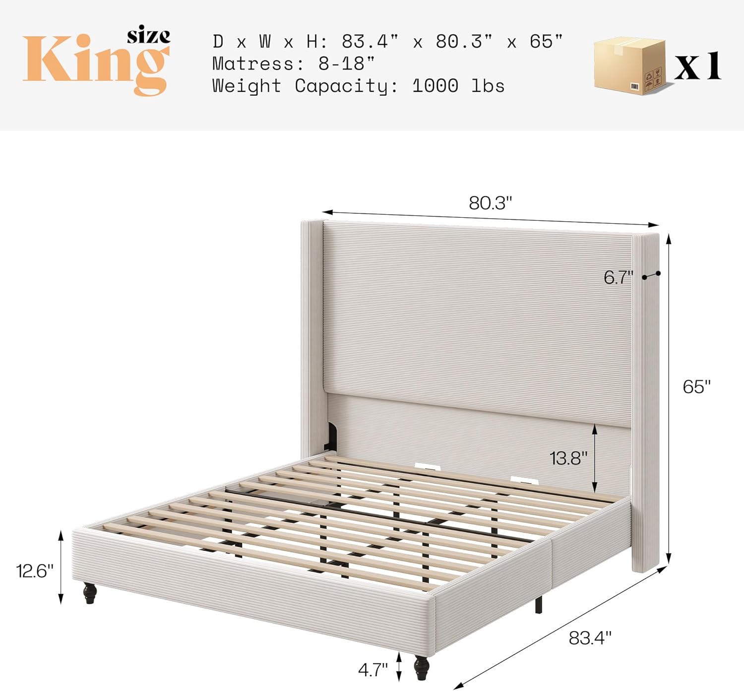 AMERLIFE King Size Bed Frame with 65