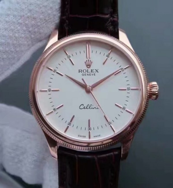 Replica Rolex MK Cellini Time 50505 RG White Dial Leather Strap A3132 - Elite Watch Atelier