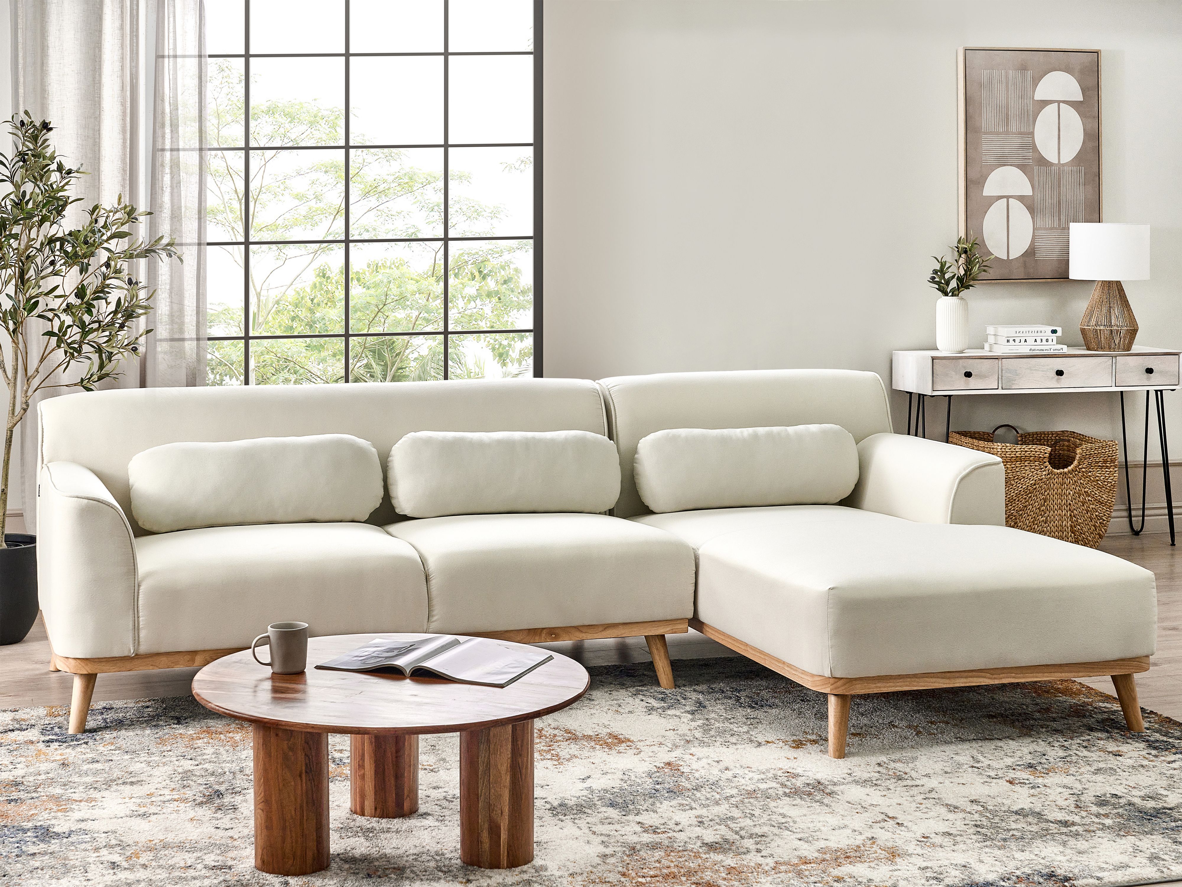 Corner Sofa 3 Seater SIMOS Fabric Off-White Left Hand