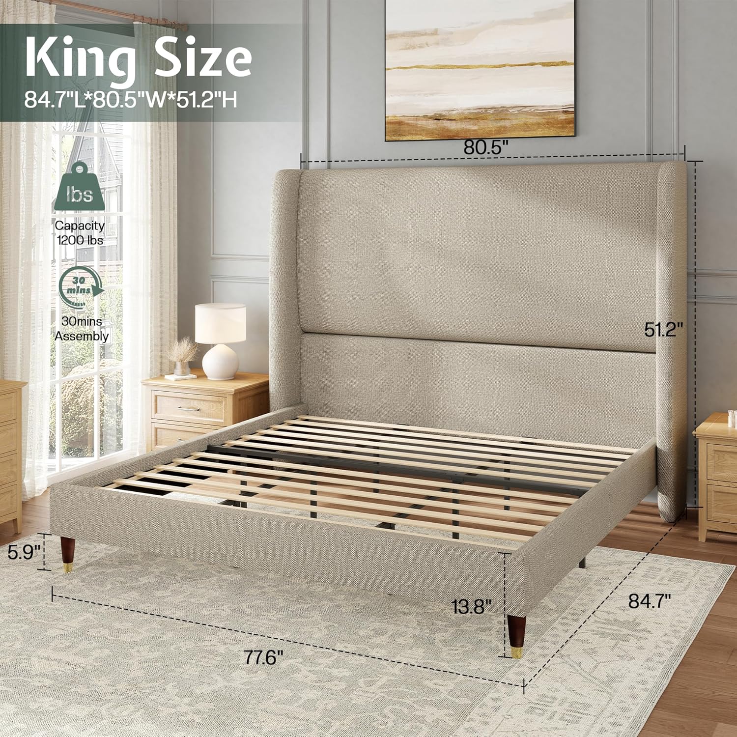 Jocisland King Upholstered Platform Bed Frame with 51.2