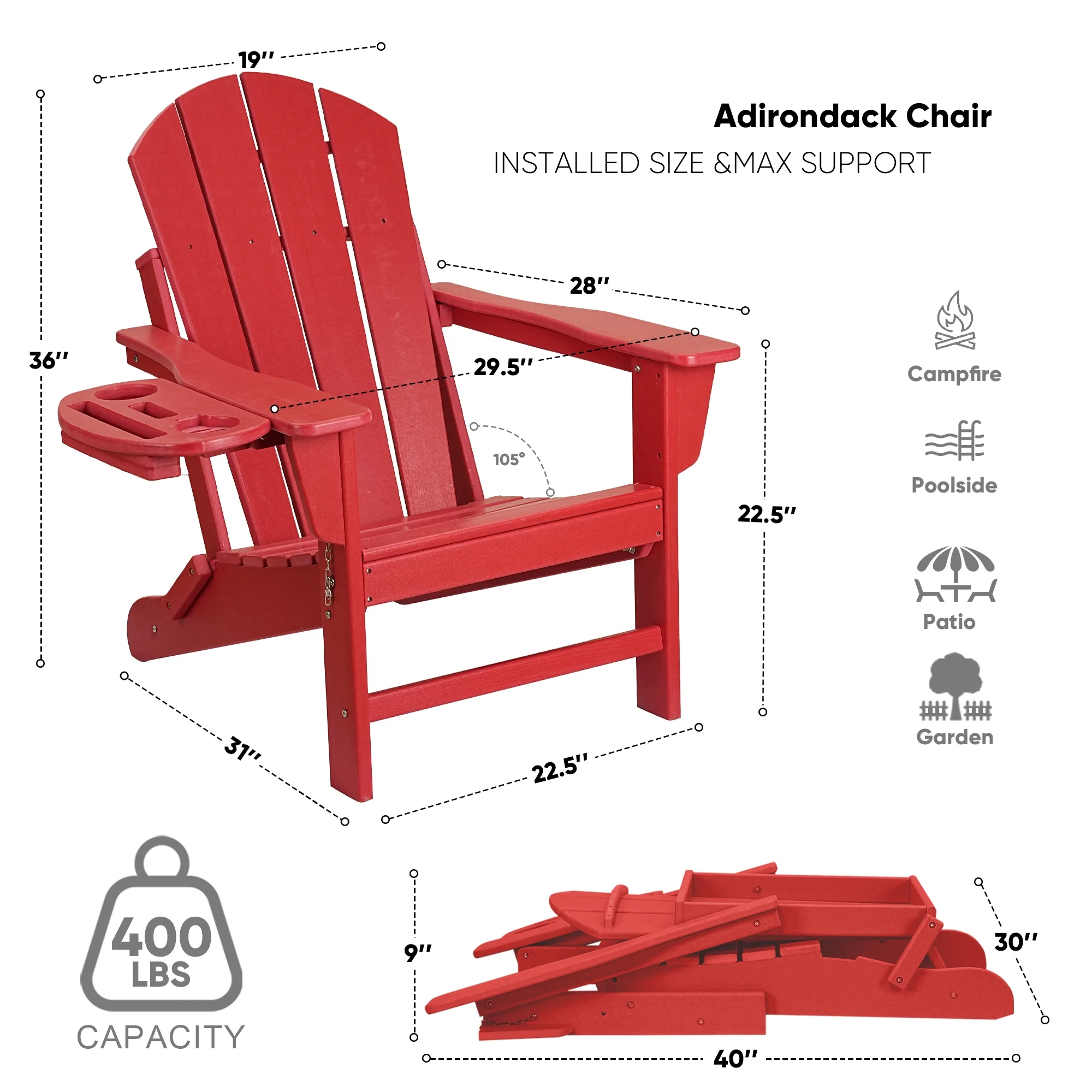 FOOWIN HDPE Plastic Adirondack Chairs Set of 4, Black - Image 78