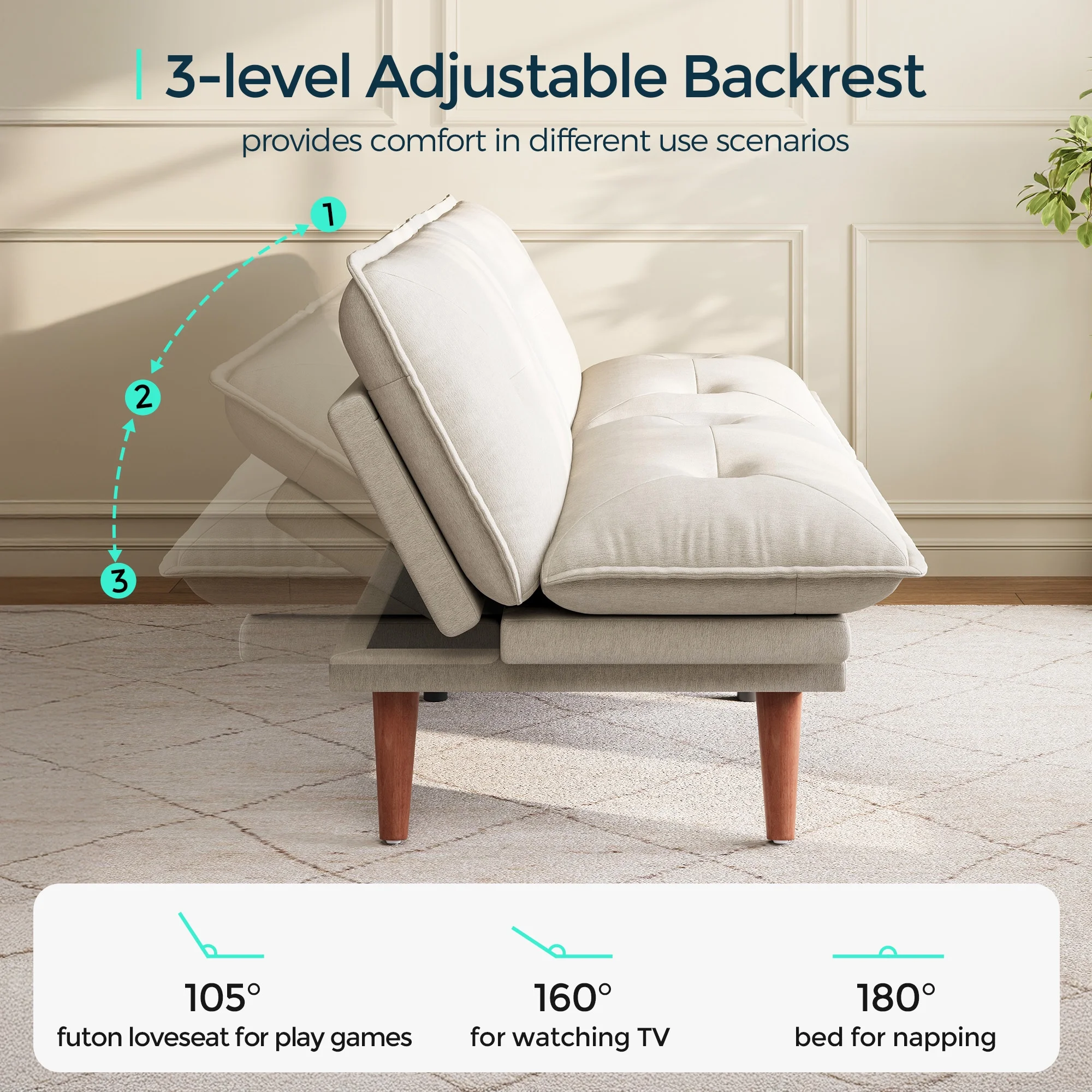 Linsy Home 70" W Chenille Convertible Futon Sofa Bed with Adjustable Armrests, Green - Image 16
