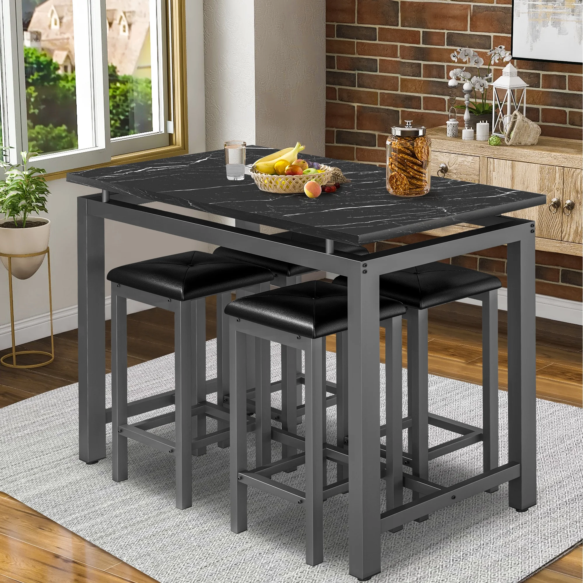 5 Piece Dining Set, Modern Dining Table and Chairs Set for 4, Counter Height Bar Table Set, Modern Pub Table with 4 Velvet Fabric Cushioned Stools, Faux Marble Dining Table & Stools Set, D9297 - Image 26
