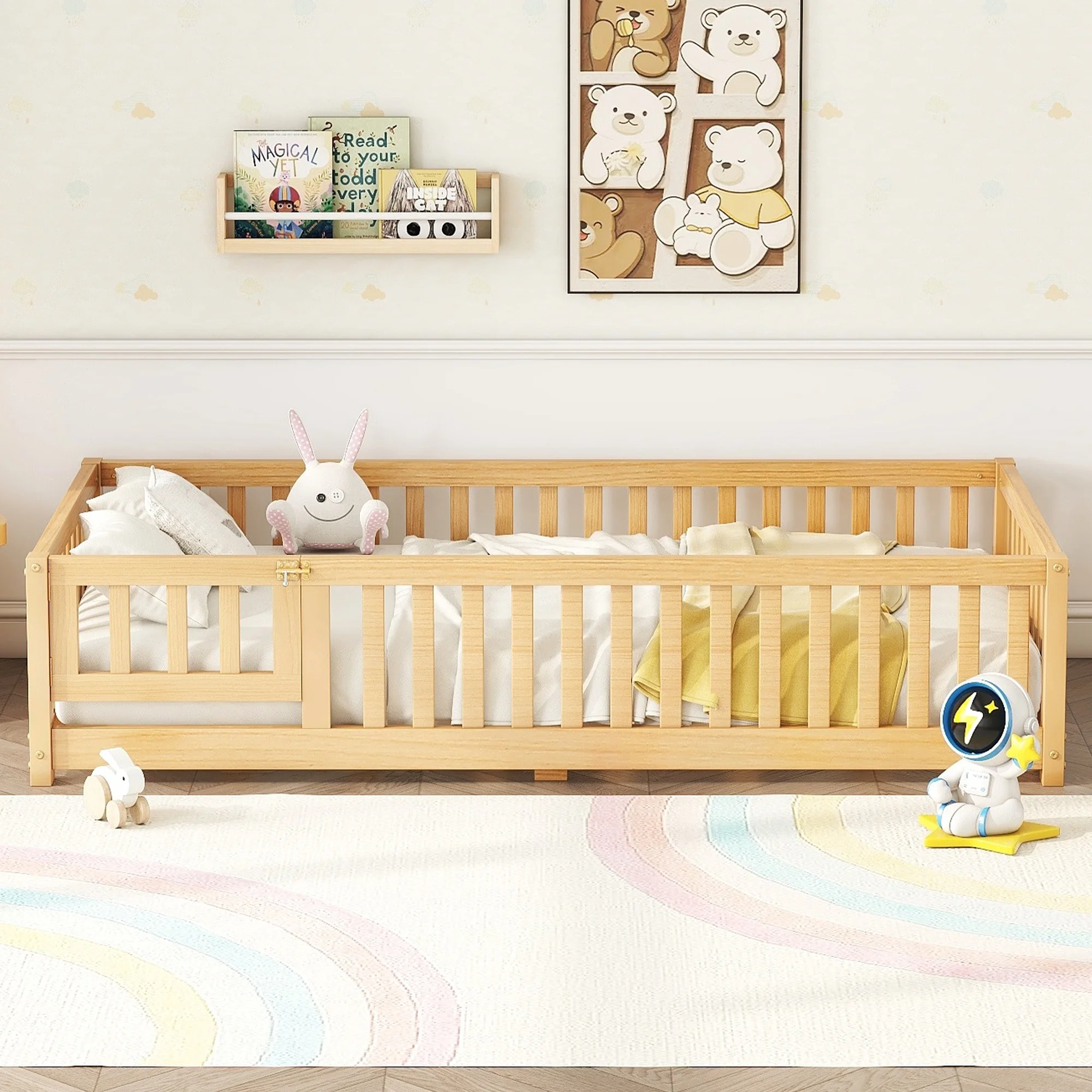 Bellemave Full Size Floor Bed with Door and Fence Floor Bed with Bed Slats Sturdy Wood Floor Bed Montessori Bed Frame (Full, Pink) - Image 15