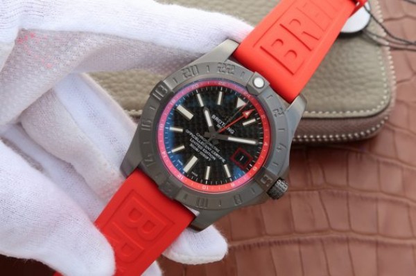 Replica Breitling Avenger GMT PVD GF Carbon Fiber Dial Red Rubber Strap A2836 - Elite Watch Atelier