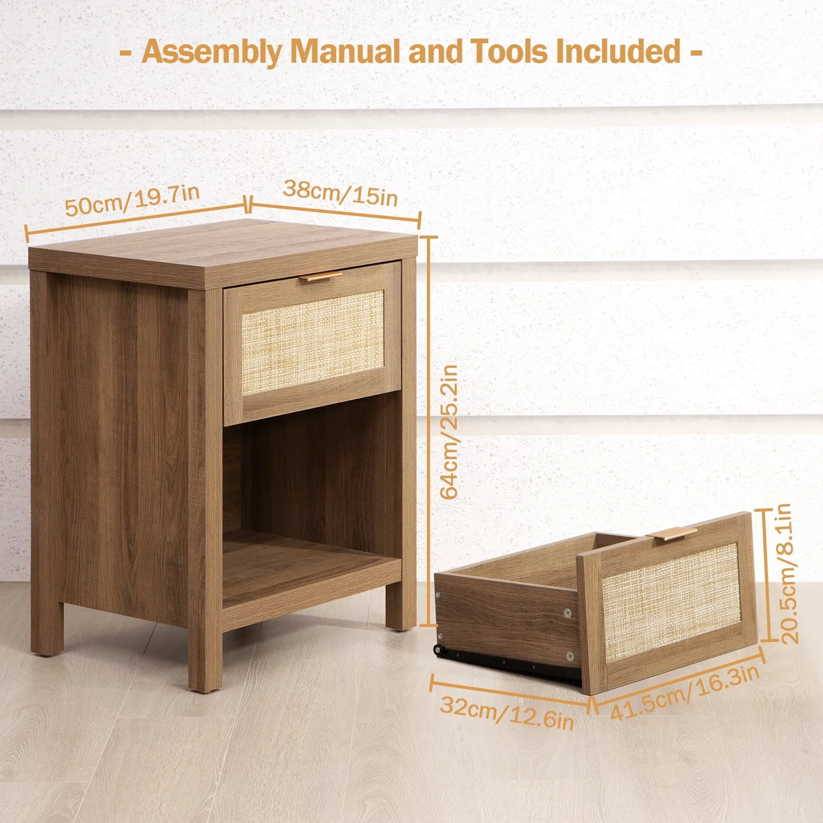 Surmoby Rattan Nightstand Set of 2,Farmhouse Bedside Tables with Drawer and Storage Shelf,Natural Boho End Table Side Table for Bedroom,Living Room - Image 8