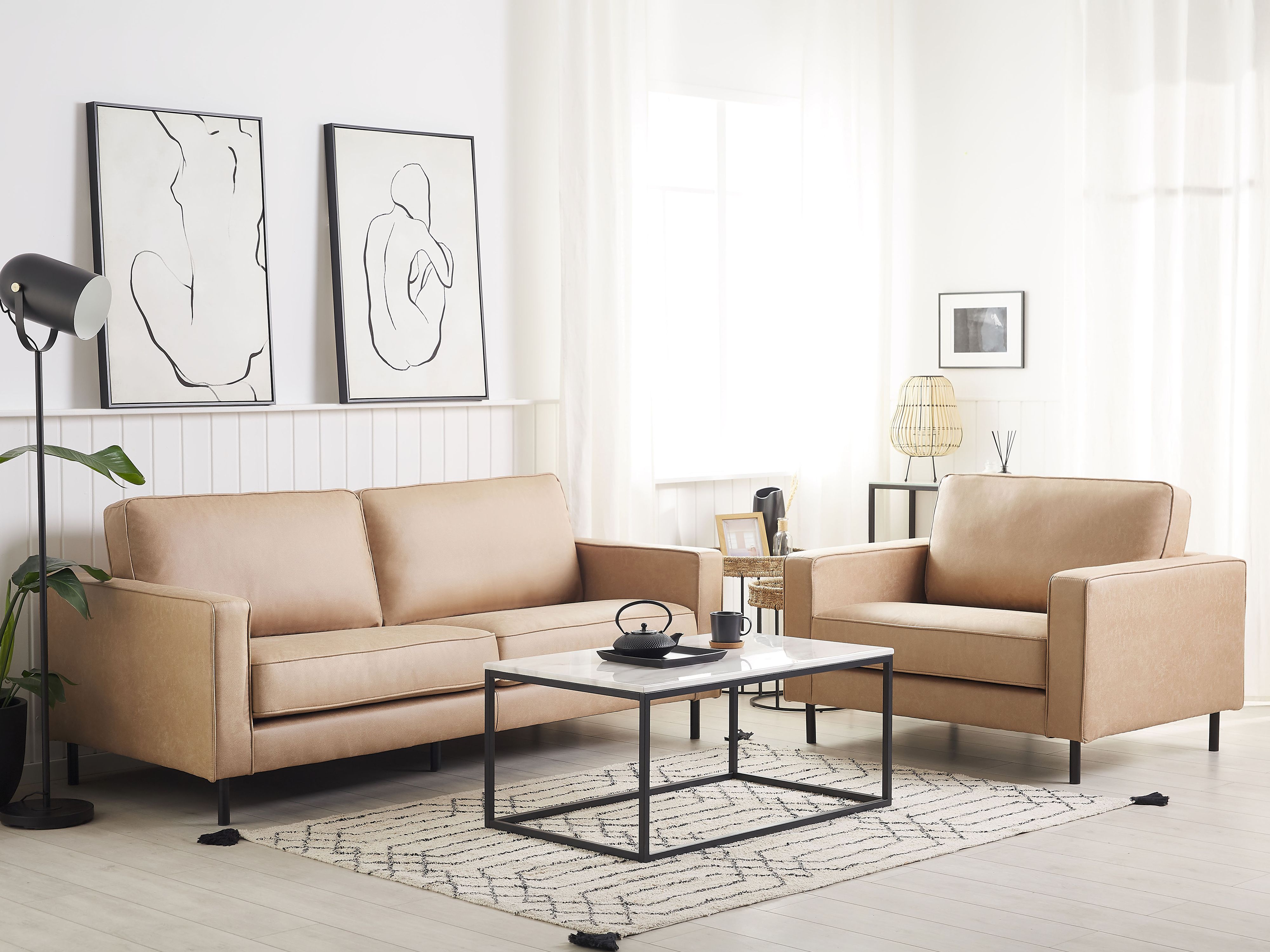 Living Room Set 4 Seater SAVALEN Faux Leather Beige