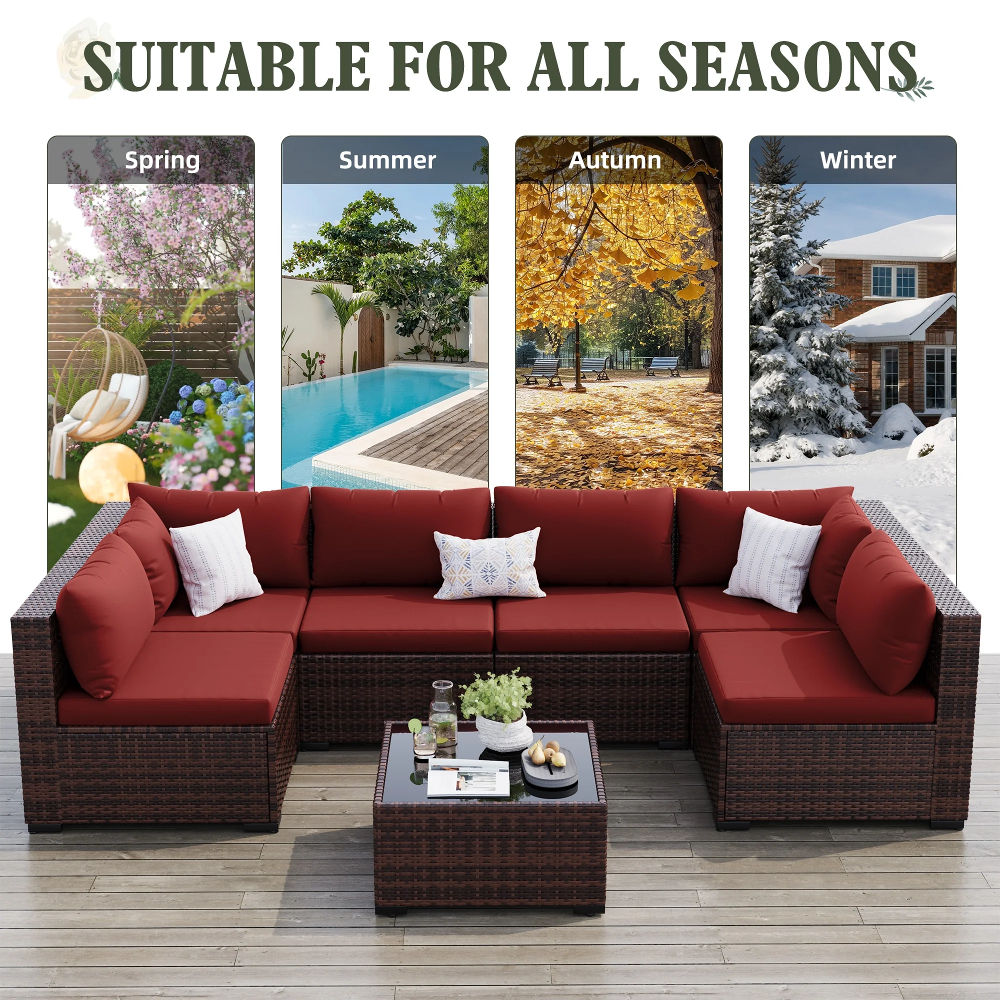 7 Pieces Patio Conversation Set, Outdoor Sectional PE Rattan Wicker Furniture Seat,Dark Gray - Image 19