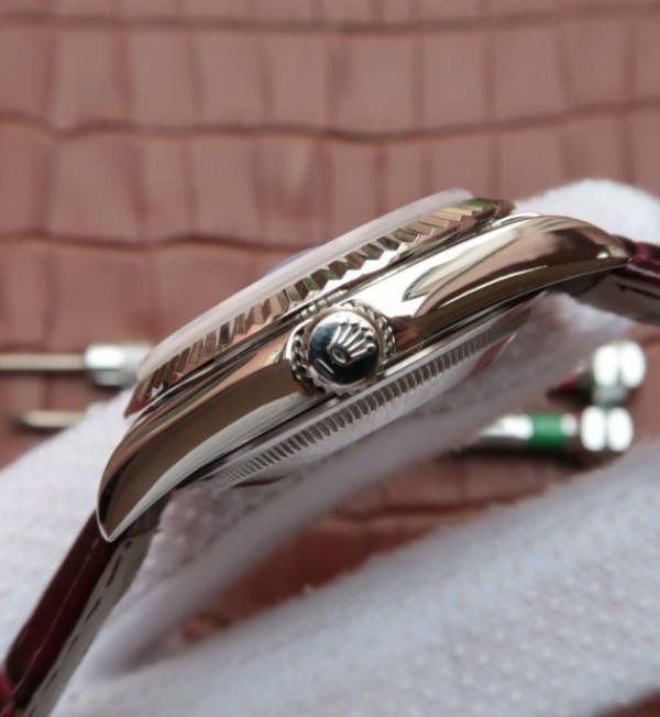 Replica Rolex Day-Date 36mm 118139-L Red Dial Stick Markers Brown Leather Strap A2836 - Elite Watch Atelier