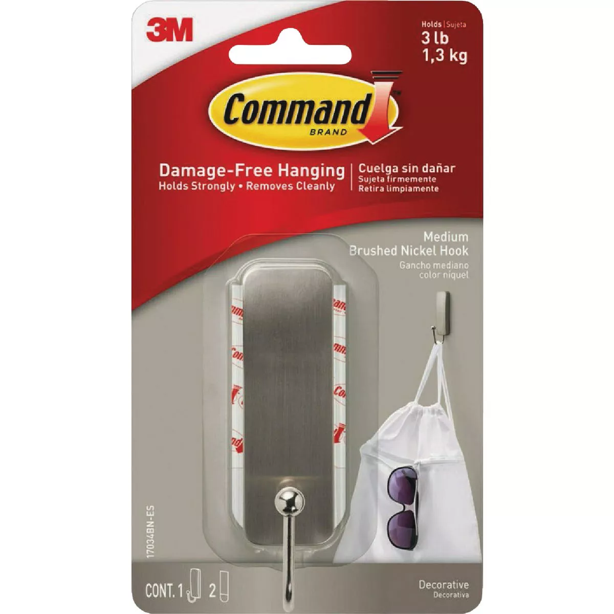 Command Medium Brushed Nickel Hook, 1 Hook, 2 Strips