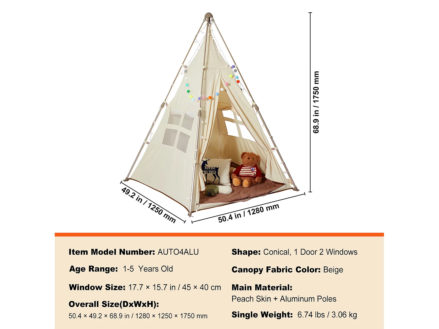 Tente de Jeu pour Enfants SucceBuy, Tente Tipi Pliable avec Tapis et Sac de Transport