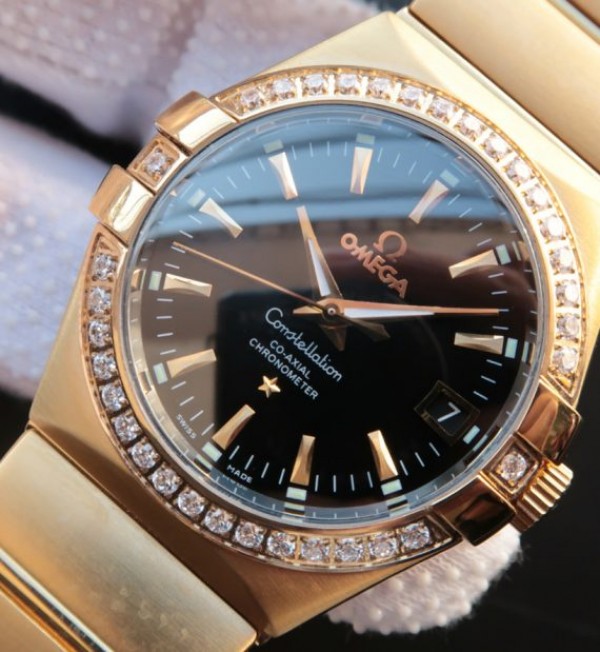 Replica Omega V6 Constellation Black Dial Diamonds Bezel YG Bracelet A2500 - Elite Watch Atelier