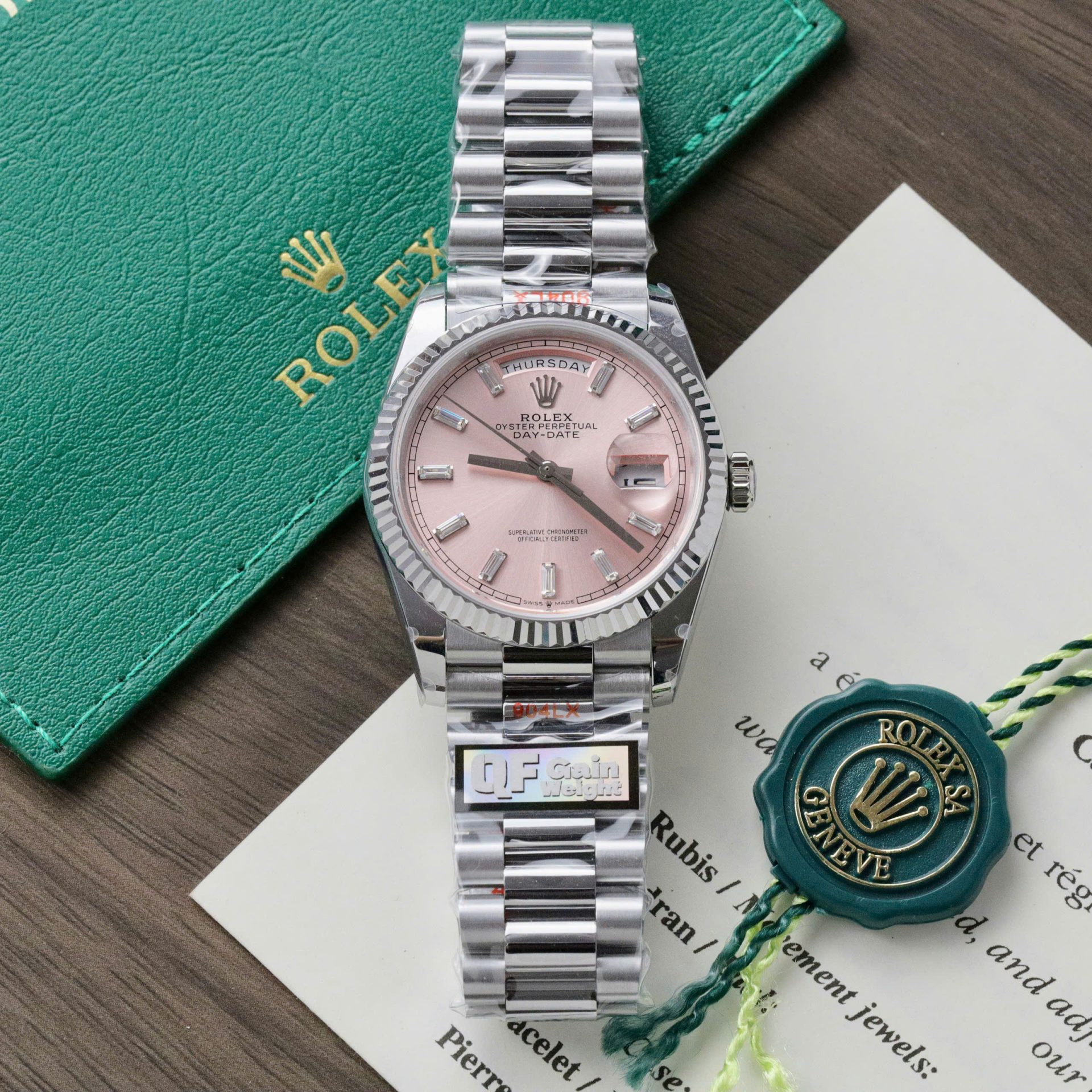 Rolex Day-Date 128236 Pink Dial Replica Watch Weight 158 Grams QF Factory 36mm - Elite Watch Atelier