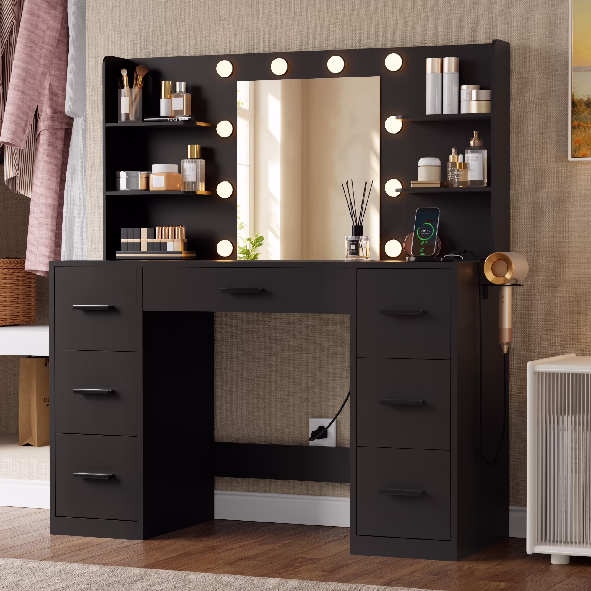 Lacoo Vanity Desk with Mirror and LED Lights, Makeup Vanity with 7 Drawers & 4 Shelves, Vanity Table with Power Outlet for Bedroom Dressing Room, White - Image 3