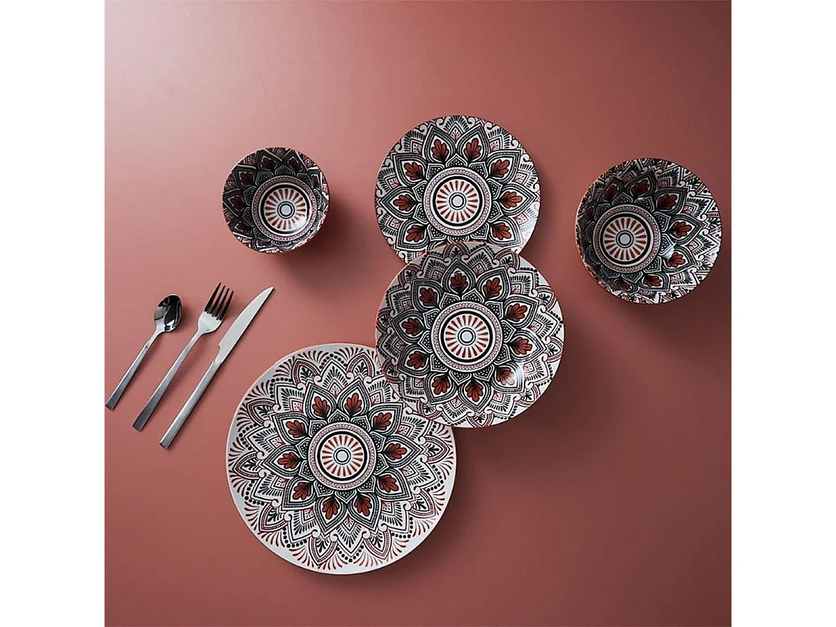 Set de 6 assiettes plates en porcelaine orange mandala (Ø26cm) - MANDALA