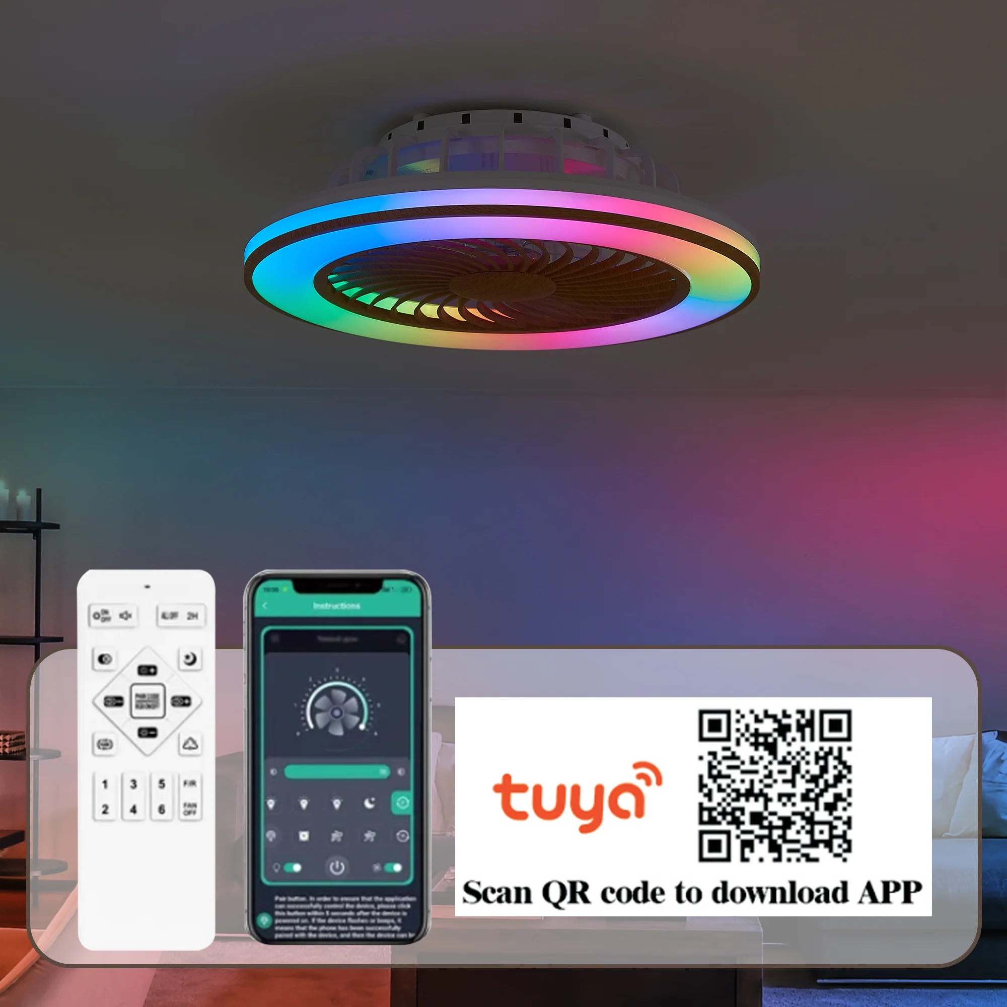 20in Caged Ceiling Fans Lights,Low Profile Enclosed RGB Lamp with APP Control,True Wood Color
