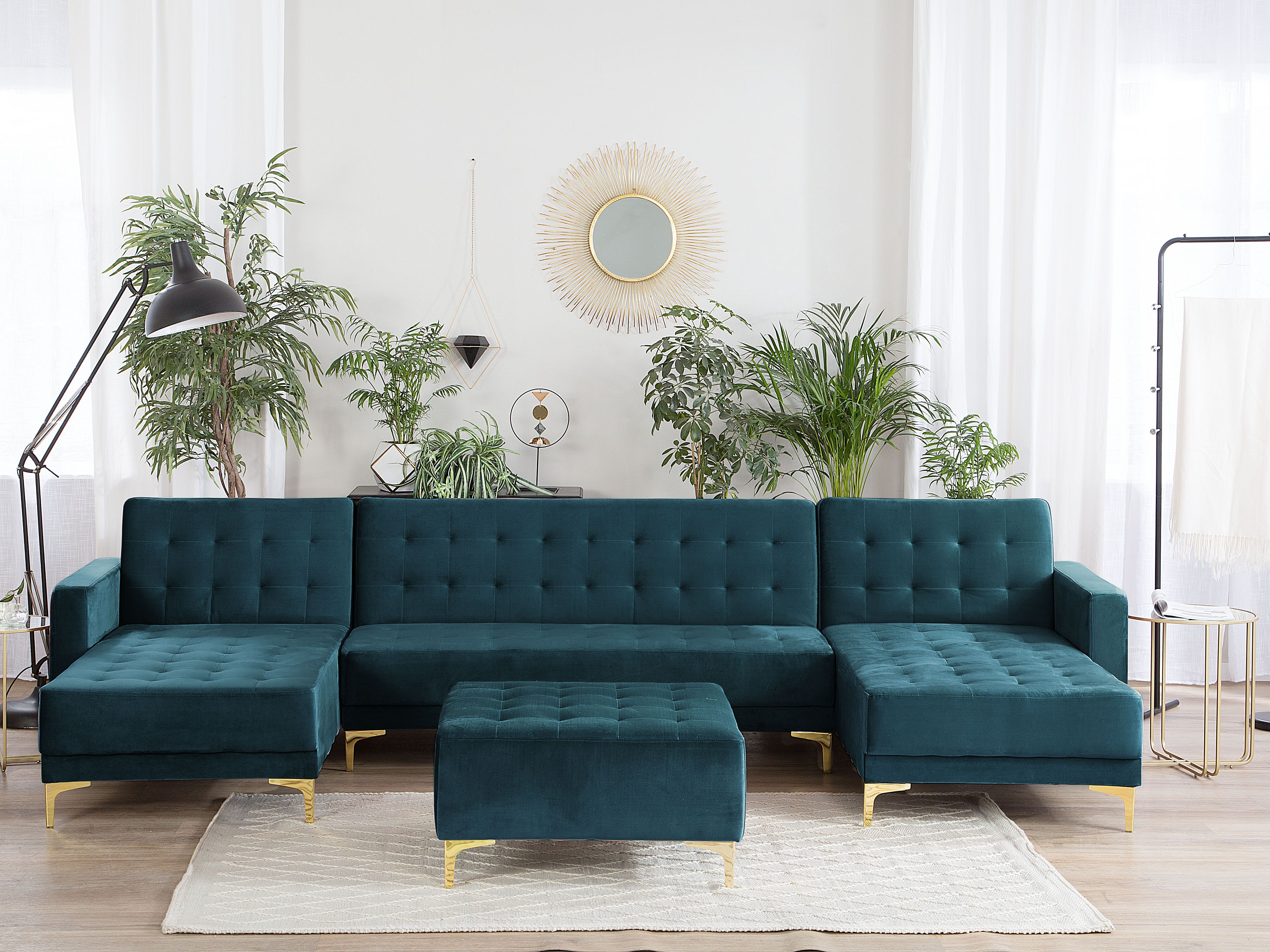 Modular U-Shape Sofa Bed 5 Seater ABERDEEN Velvet Teal with Ottoman