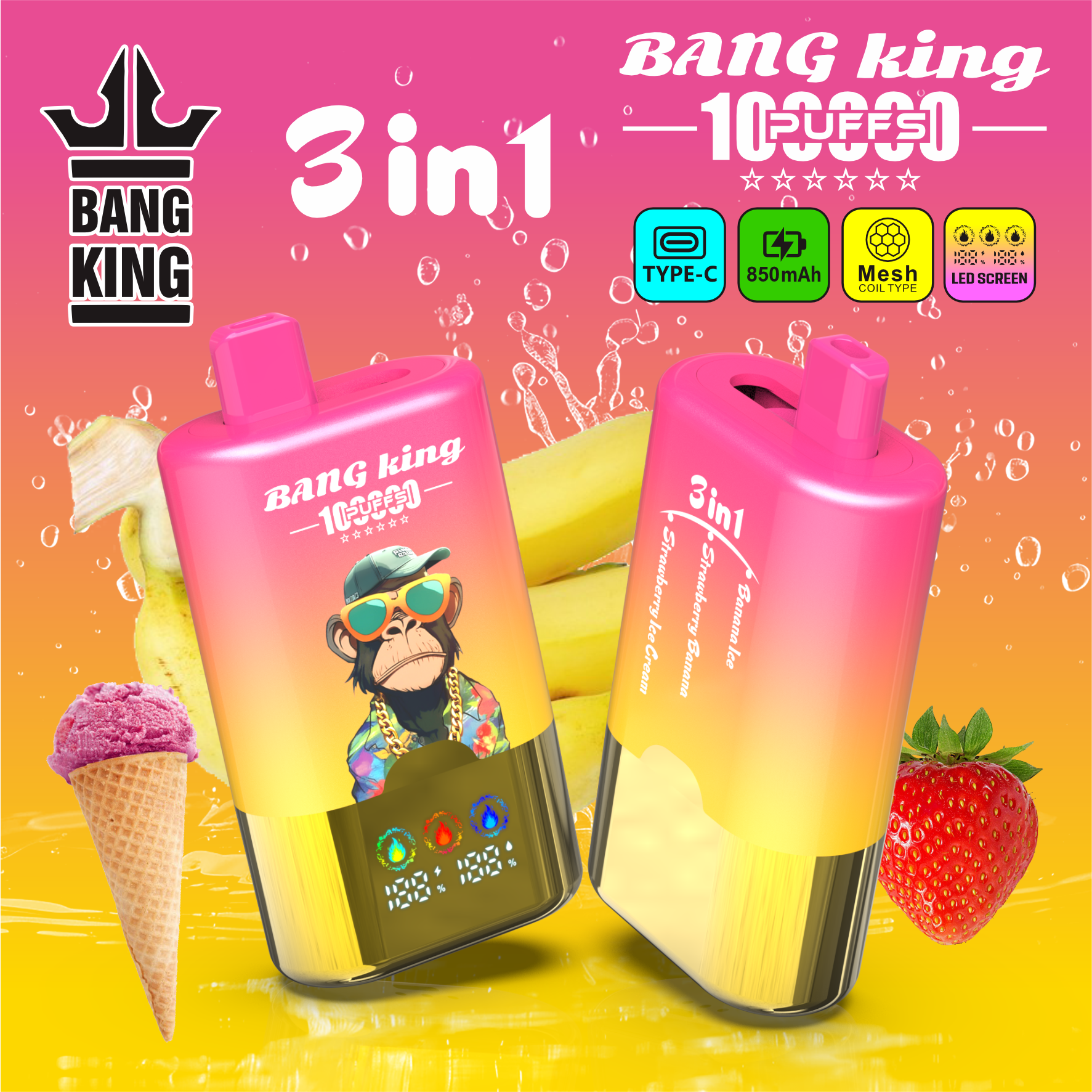 Bang King 100000 Puffs 3-in-1 Vape – LED Scree