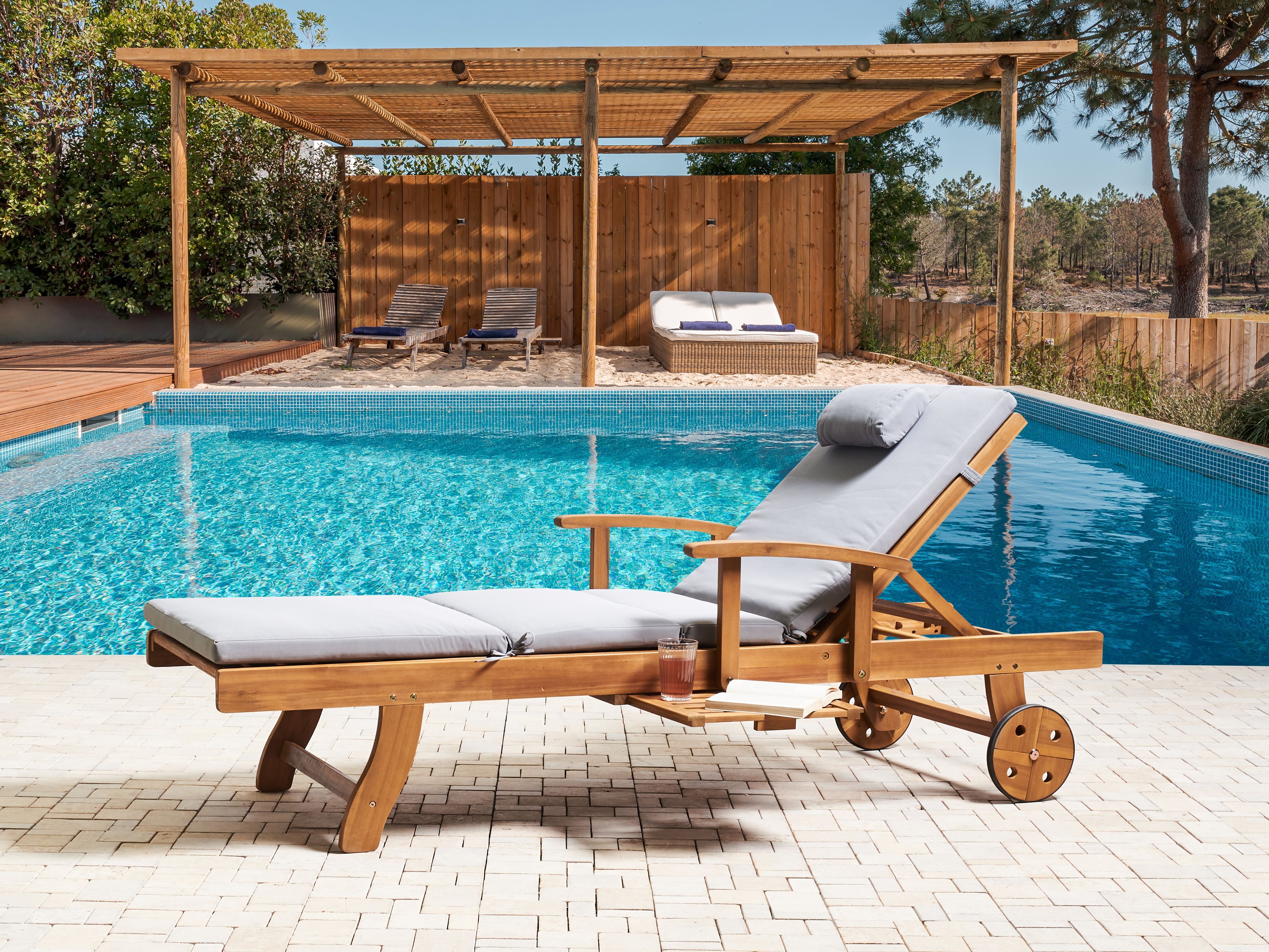 Sun Lounger with Cushion JAVA PREMIUM Acacia Wood Grey Melange