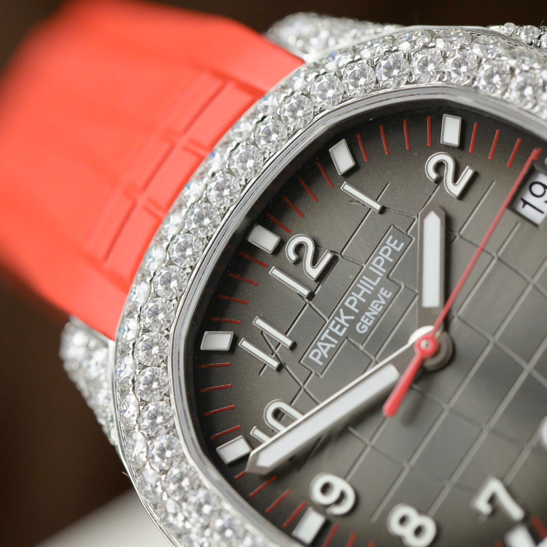 Patek Philippe Aquanaut 5167 Rep 11 Watch Custom Moissanite Diamonds Red Rubber Strap 40mm - Top club