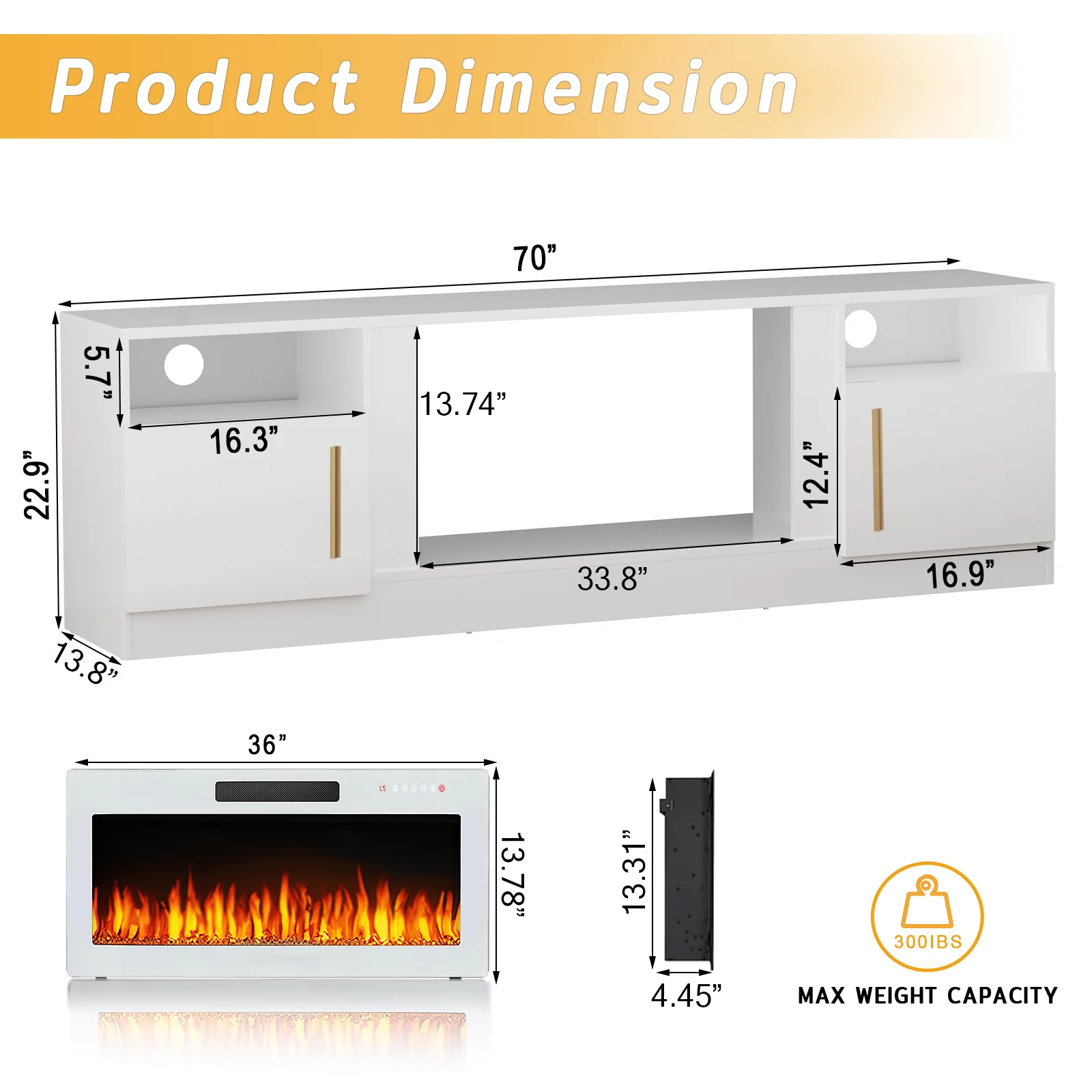 Waleaf Fireplace TV Stand with 36" Electric Fireplace Up to 80" TVs, Modern Wood Media TV Console with Highlight Cabinet, White - Image 32