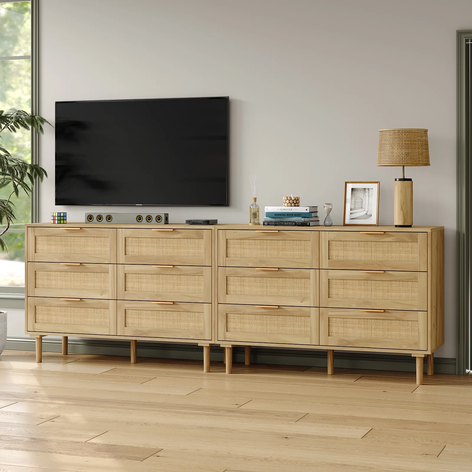 Furnihold 6 Drawer Rattan Dresser for Bedroom, Wooden Dresser Chest of Drawers, Storage Organizer for Closet, Beside Table for Living Room, Entryway