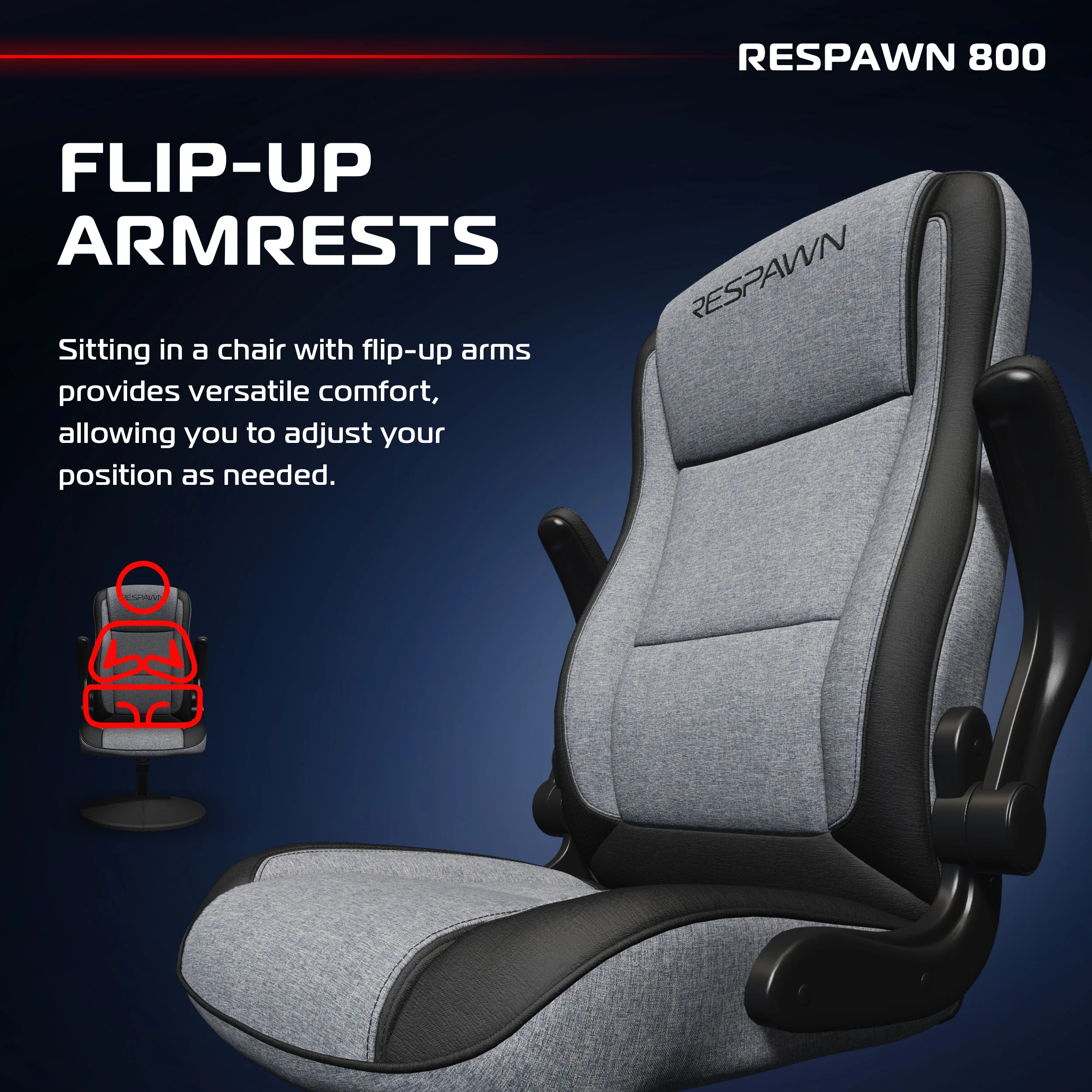 RESPAWN 800 Swivel Rocker Gaming Chair - Ergonomic Floor Gaming Seat with Lumbar Support, Flip Up Armrest, High Back, Pedestal Base, Comfortable No Wheels Console Video Game Rocker Chair - Red - Image 45