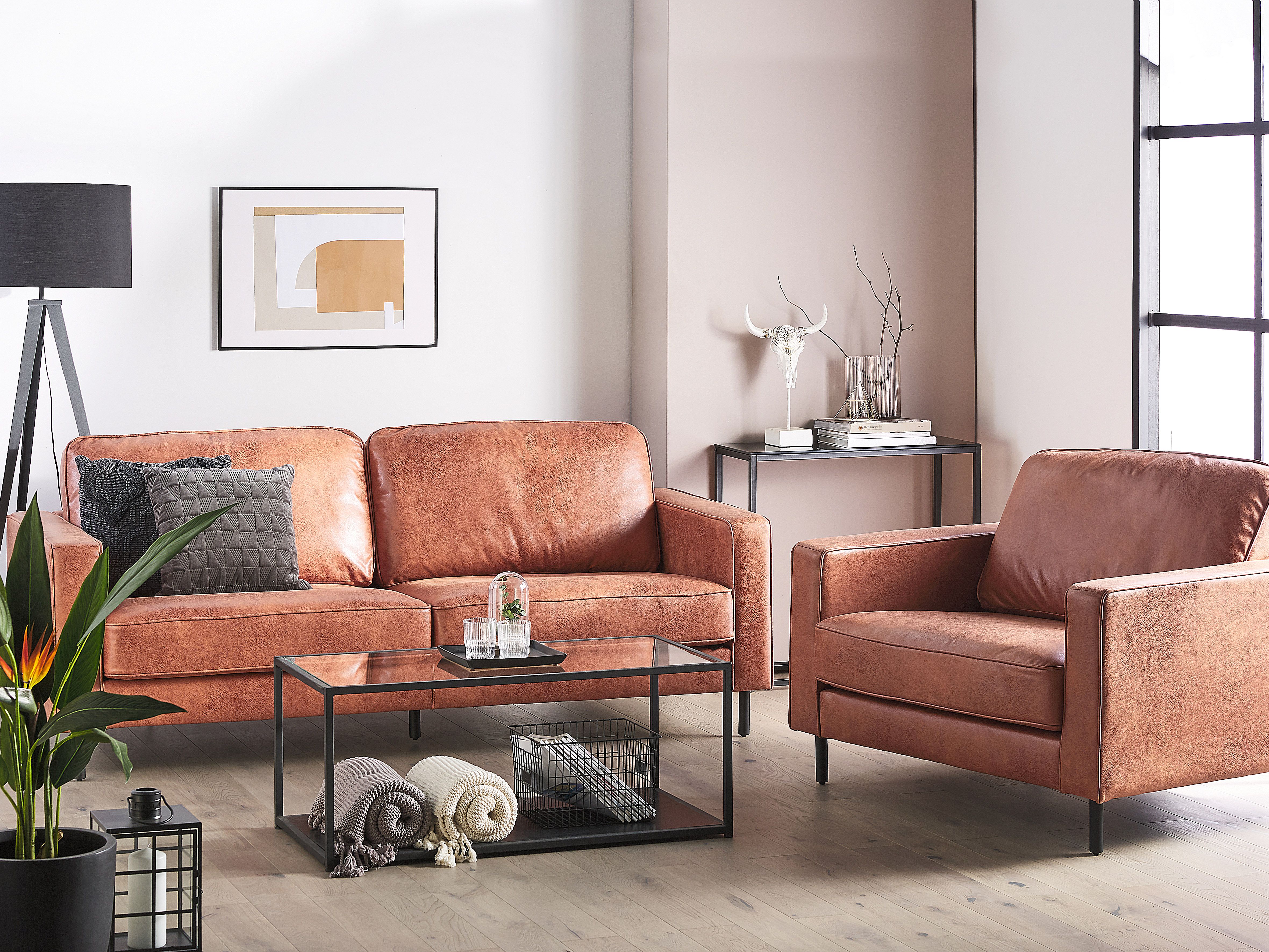 Living Room Set 4 Seater SAVALEN Faux Leather Golden Brown