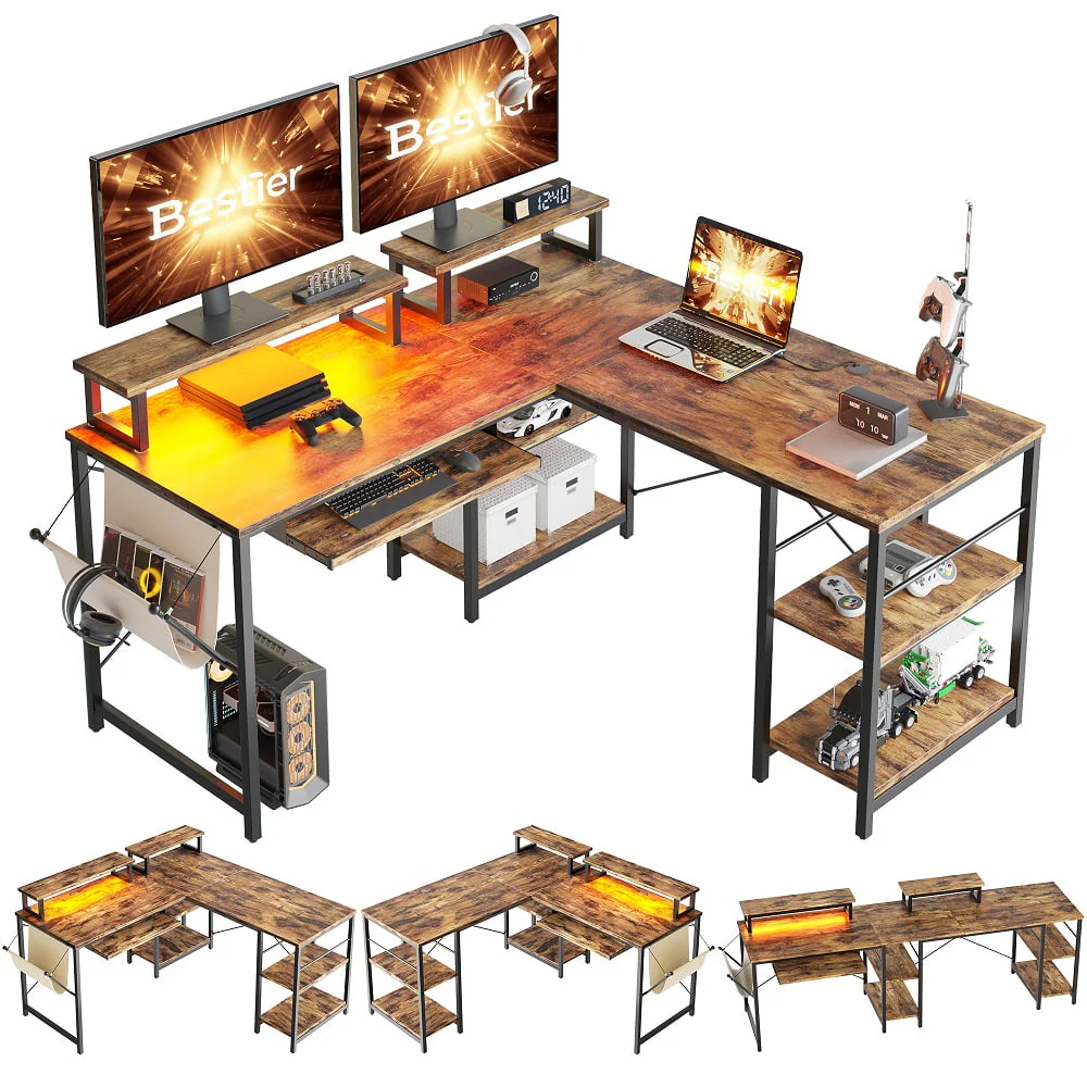 Bestier 95.2 inch L Shaped Gaming Desk with Monitor Stand & Keyboard Tray for Home Office in Rustic