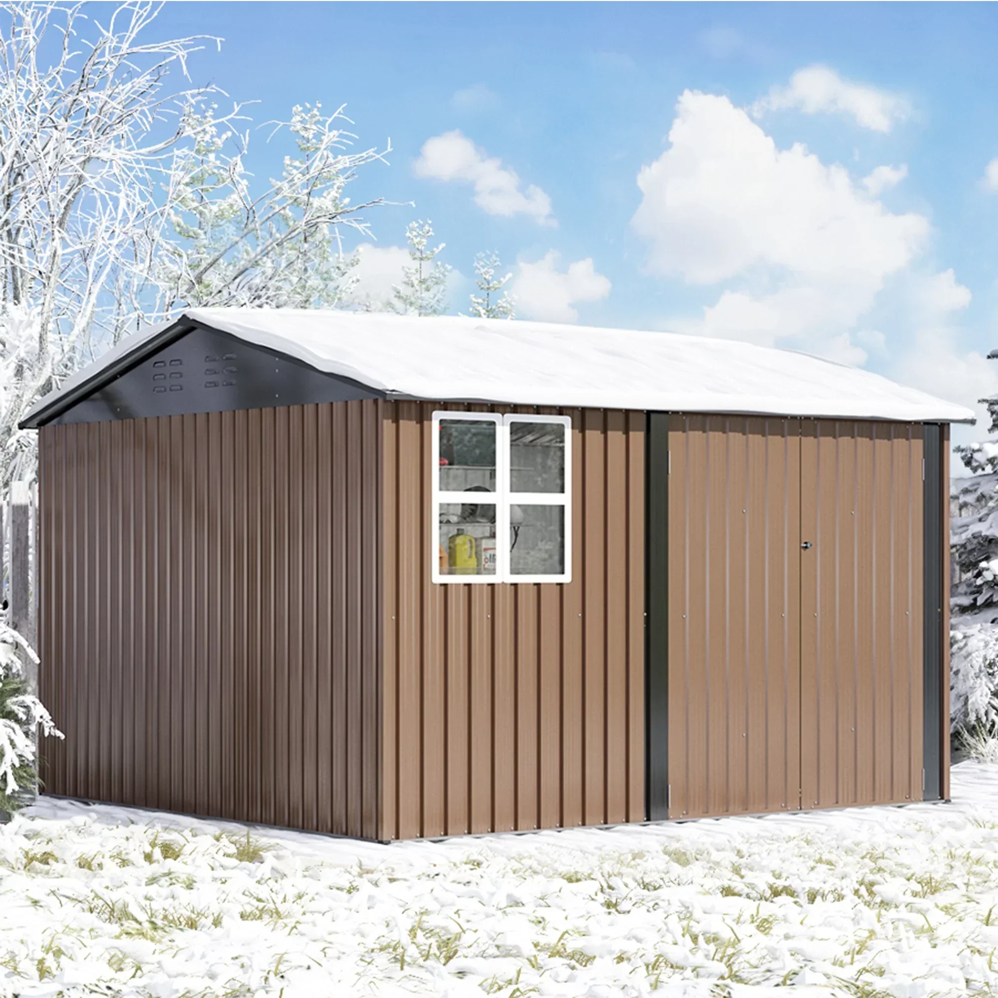 JAXPETY 10 x 10 ft Outdoor Metal Storage Shed With Window And Lockable Door - Brown - Image 14 JAXPETY 10 x 10 ft Outdoor Metal Storage Shed With Window And Lockable Door - Brown - Image 14