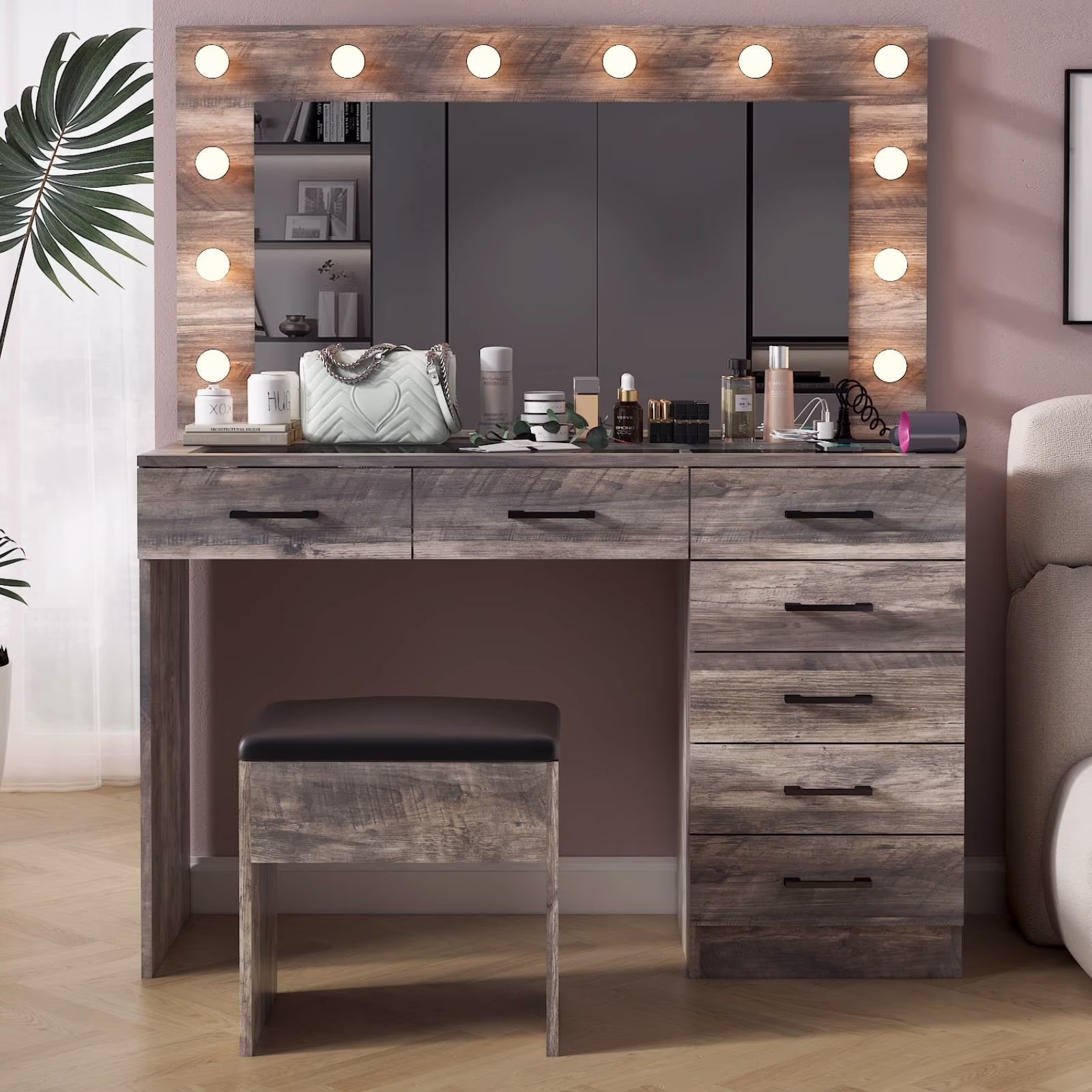 Ktaxon Large Makeup Vanity, Vanity Table Set w/ Visible Glass Top w/ Charging Station, White - Image 17