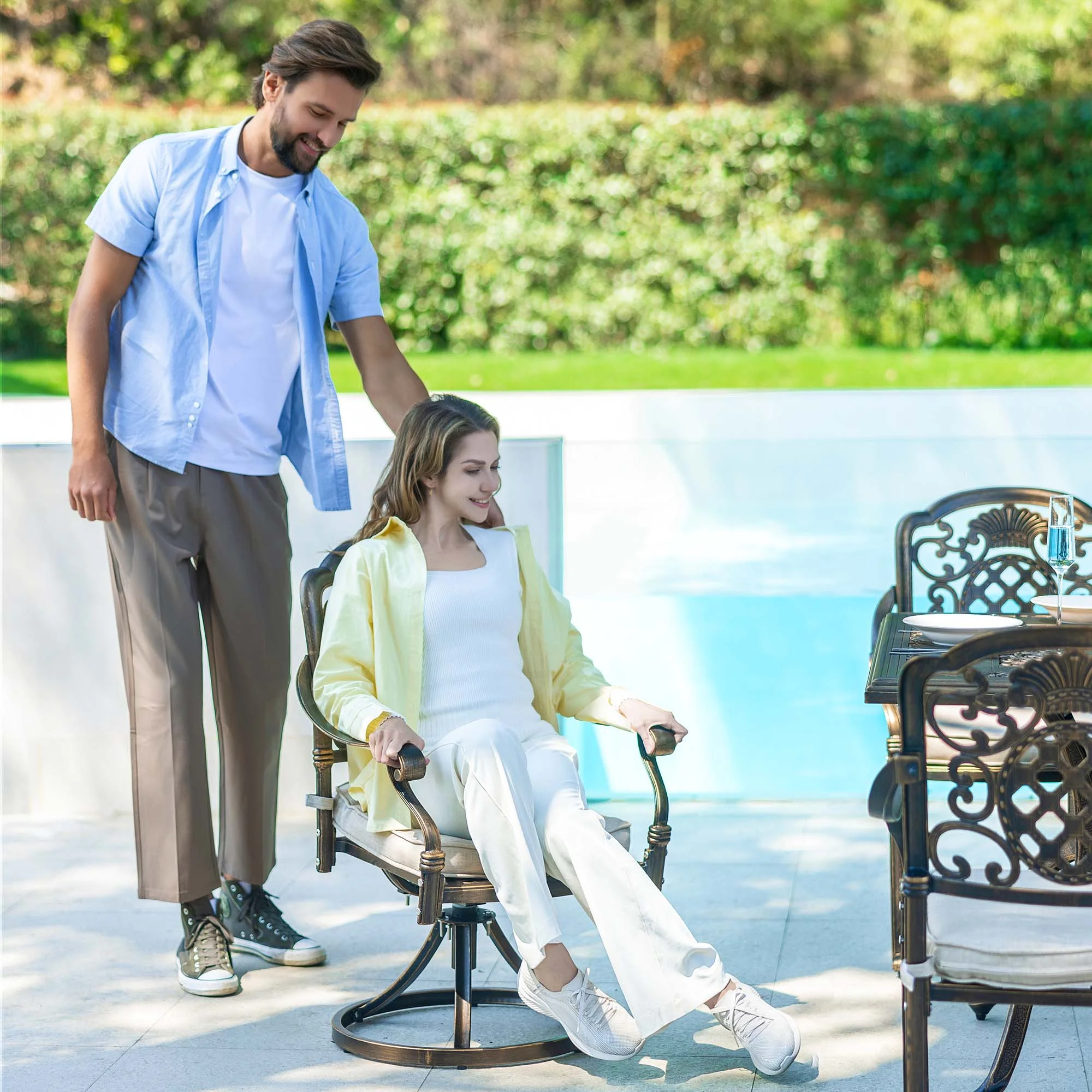 7-Piece Patio Furniture Dining Set, All-Weather Cast Aluminum Outdoor Table and Chairs for 6, Includes 4 Dining Chair & 2 Swivel Chairs & 60���� Rectangular Table, Beige