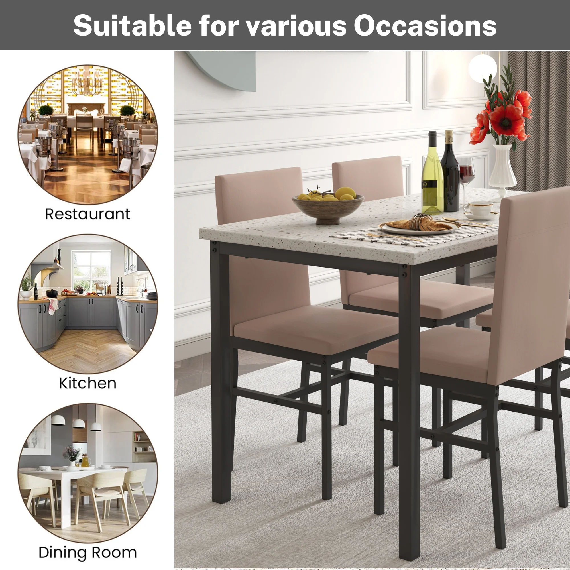 5 Piece Dining Set, Modern Dining Table and Chairs Set for 4, Counter Height Bar Table Set, Modern Pub Table with 4 Velvet Fabric Cushioned Stools, Faux Marble Dining Table & Stools Set, D9297 - Image 34