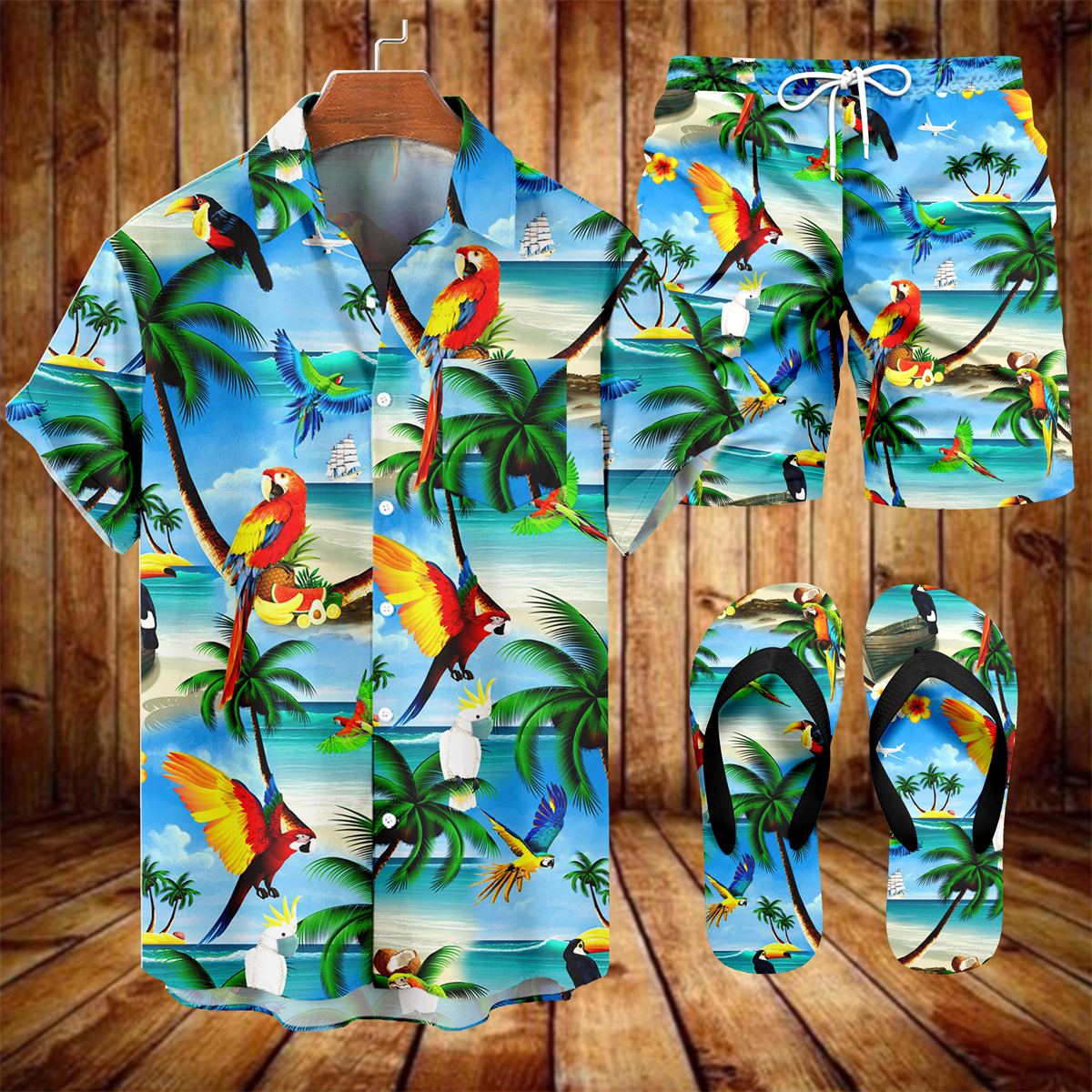 Suitmens Men's Tiki Party Hawaiian Vacation Print Three-Piece Set 030