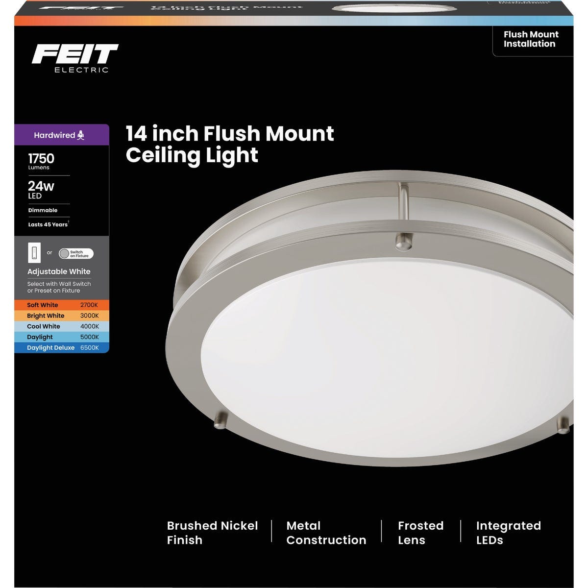 Feit 14 In. Brushed Nickel LED CCT Dimmable Dual Band Flush Mount Ceiling Light Fixture