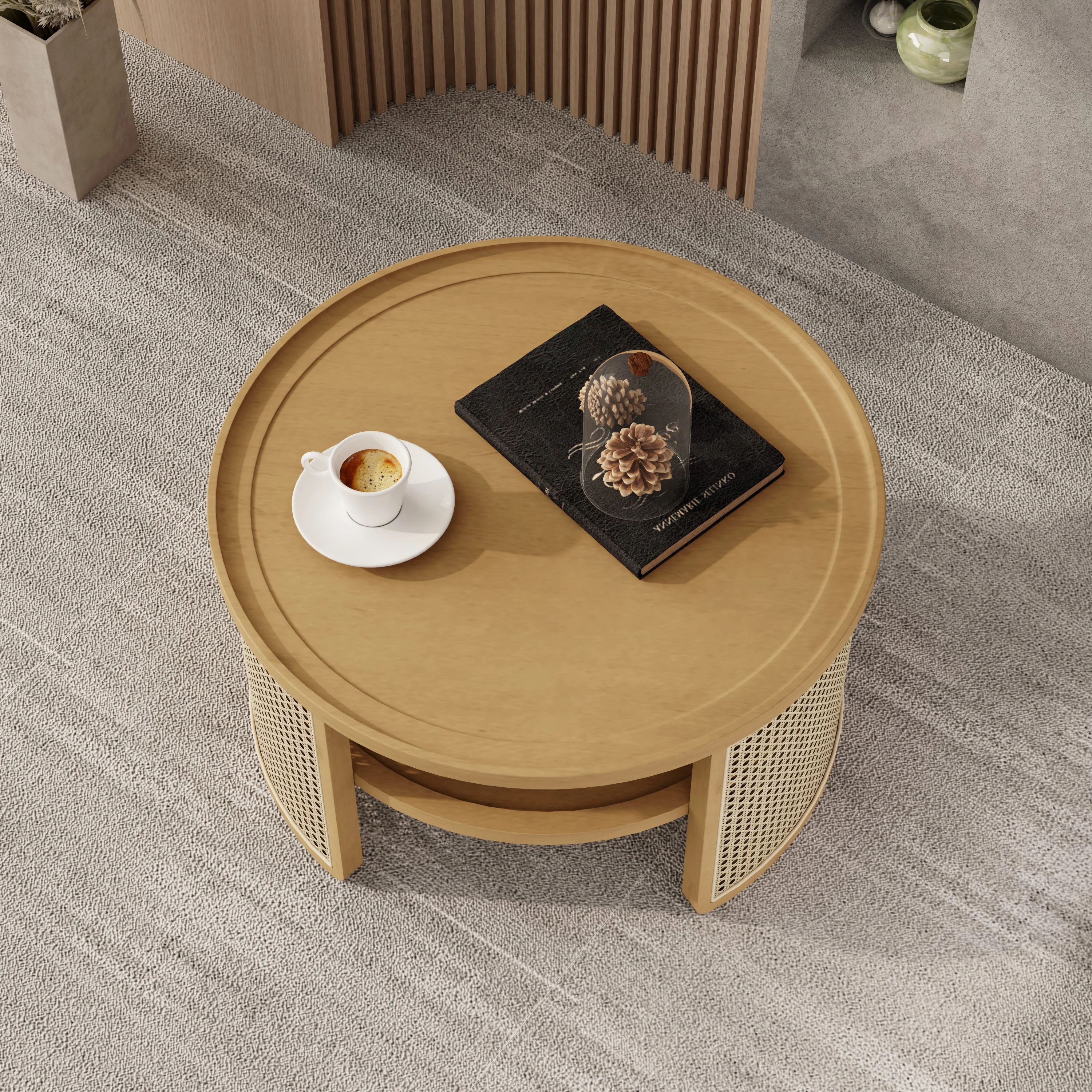 Harper & Bright Designs Rattan Round Coffee Table with Storage Shelf, Round Cane Wood Center Table for Living Room, 37'' Brown - Image 43
