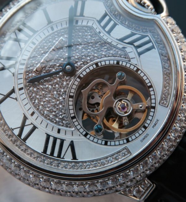 Replica Cartier Ballon Bleu de Cartier Tourbillon SS Paved Diamonds Black Leather Strap - Elite Watch Atelier