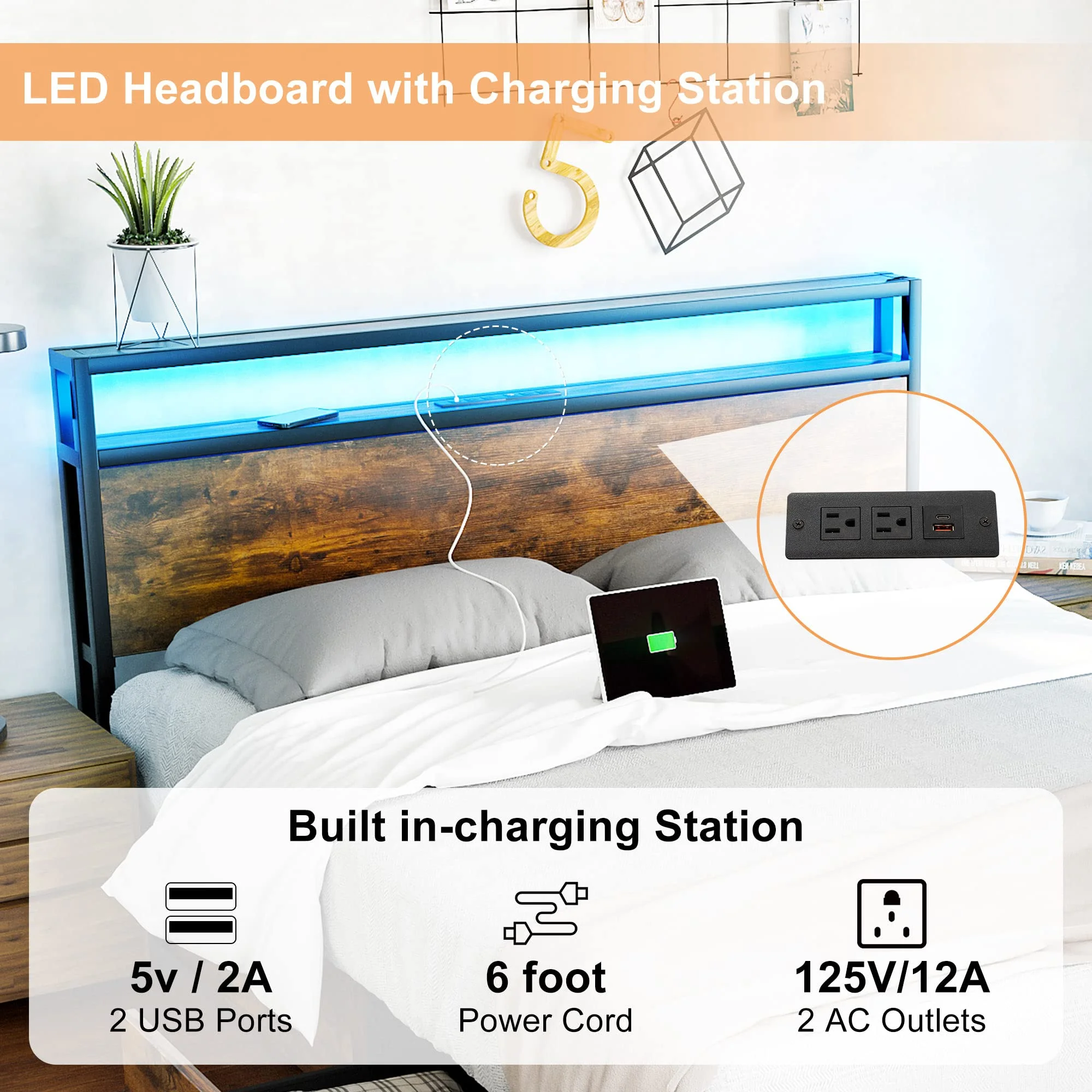 LED Full Bed Frame with Storage Headboard & 4 Drawers, Industrial Metal Platform Bed with Power Charging Station & USB Ports - Image 4