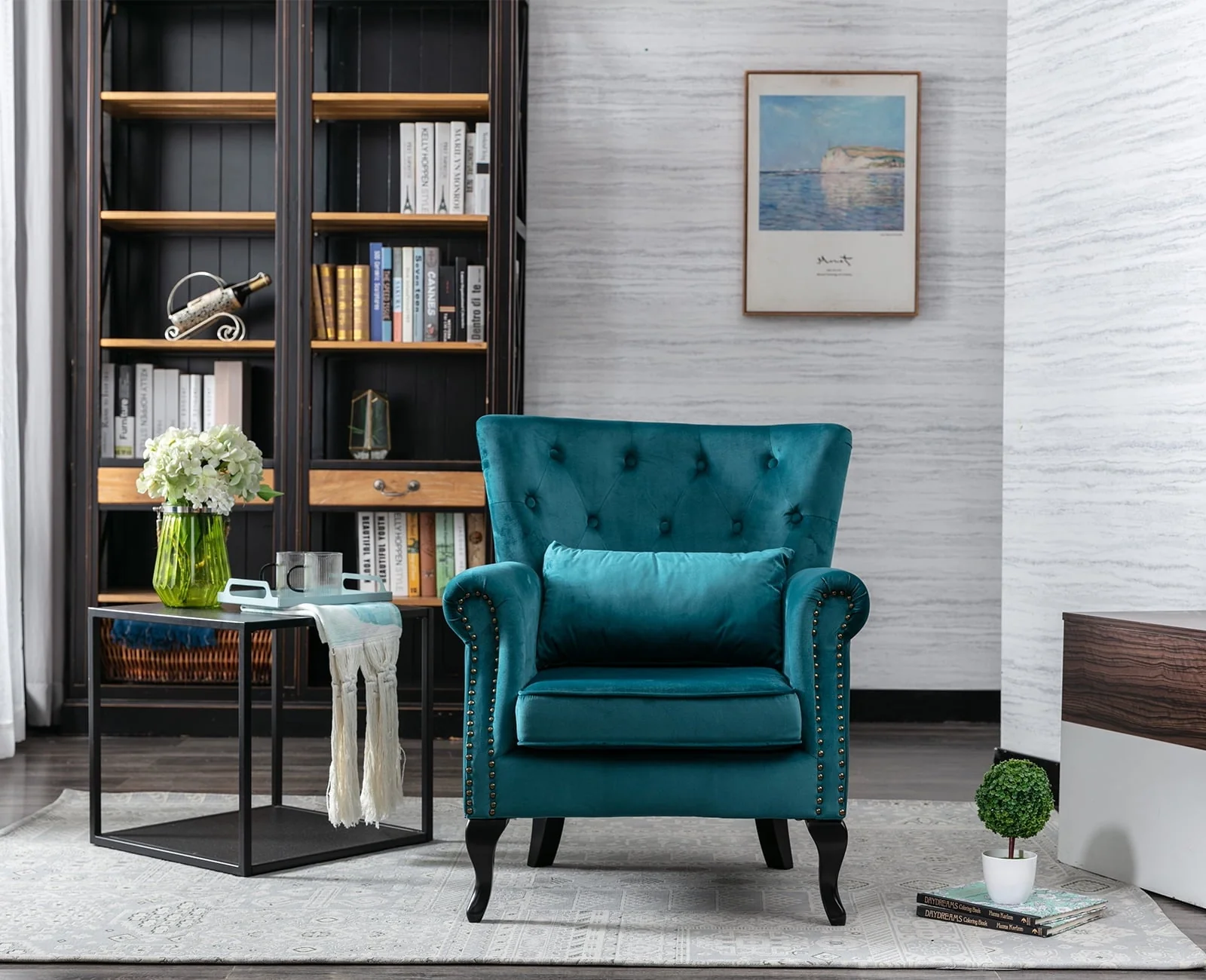 Guyou Mid Century Accent Chair Modern Button Tufted Armchair Wingback Club Chair Velvet Single Sofa Lounge Chair with Pillow for Living Room Bedroom, Teal Blue - Image 7